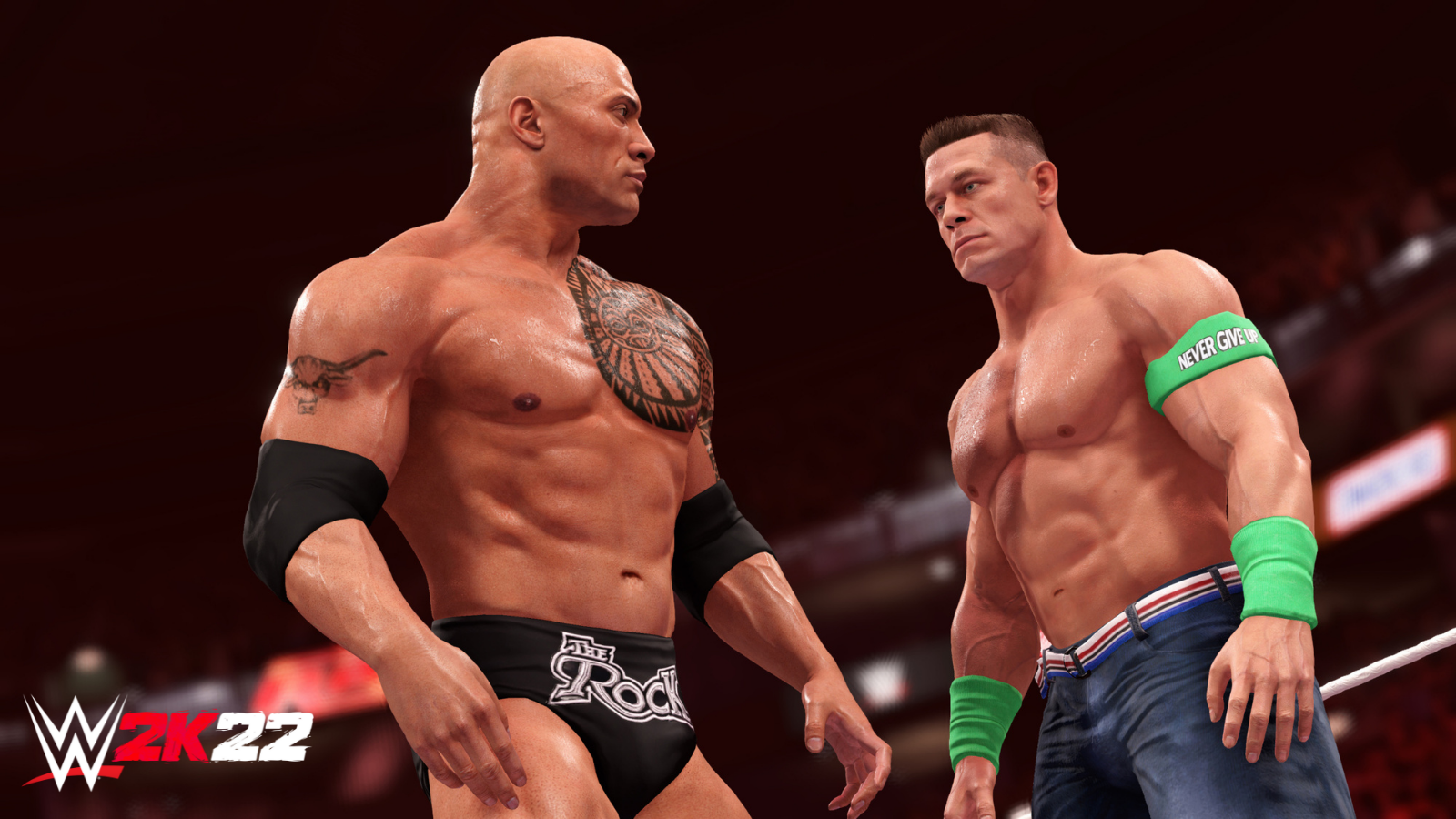 Scène du jeu WWE 2K22 avec The Rock et John Cena face à face sur un ring.