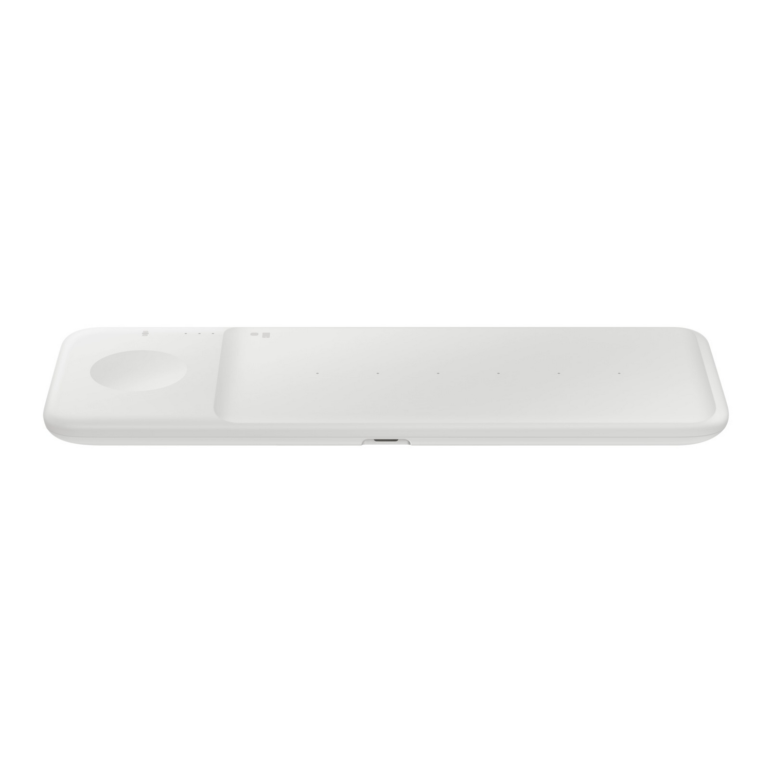 Cargador inalámbrico blanco. Tiene una base de carga redonda y un área de carga rectangular.