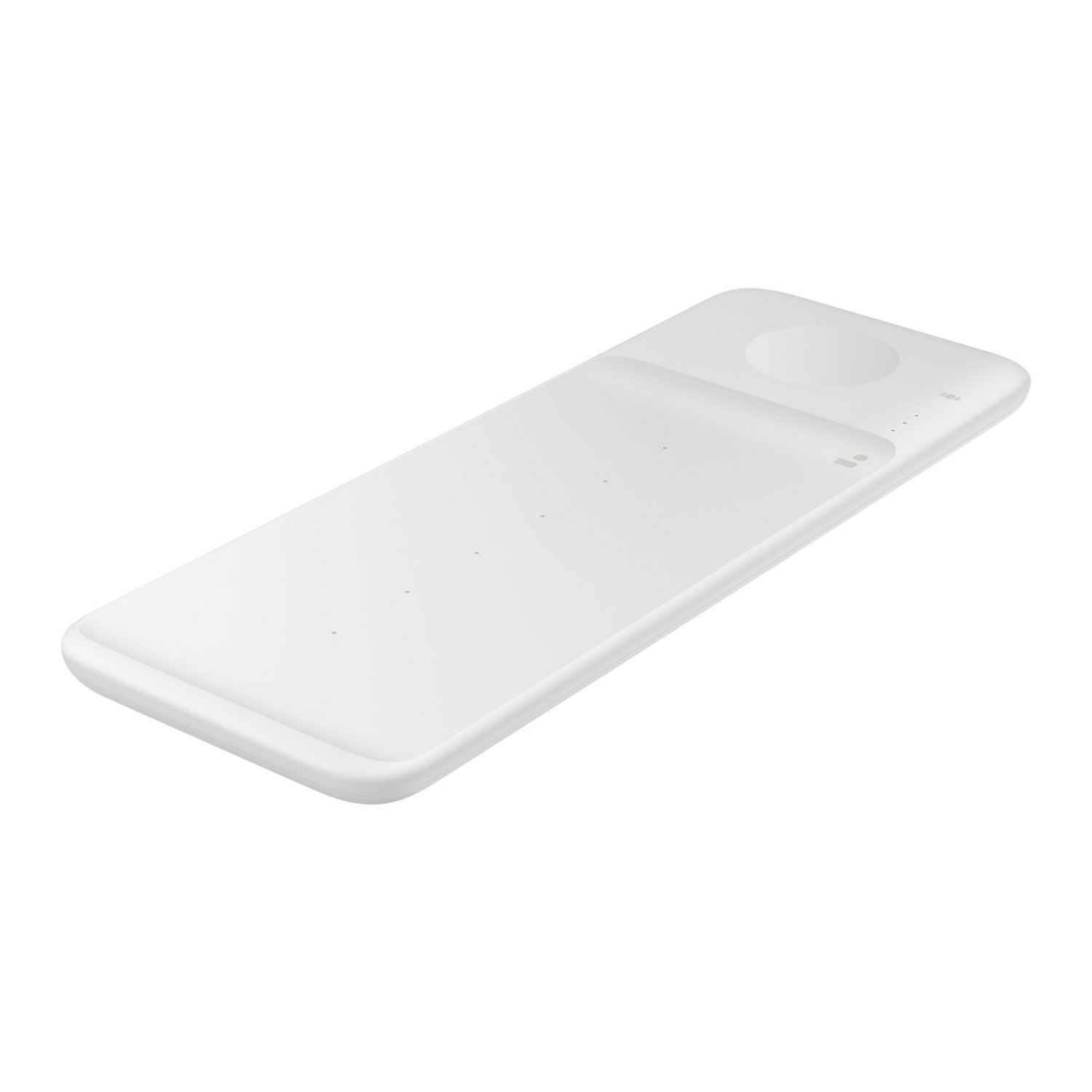 Una base de carga inalámbrica blanca con área de carga circular y base rectangular.