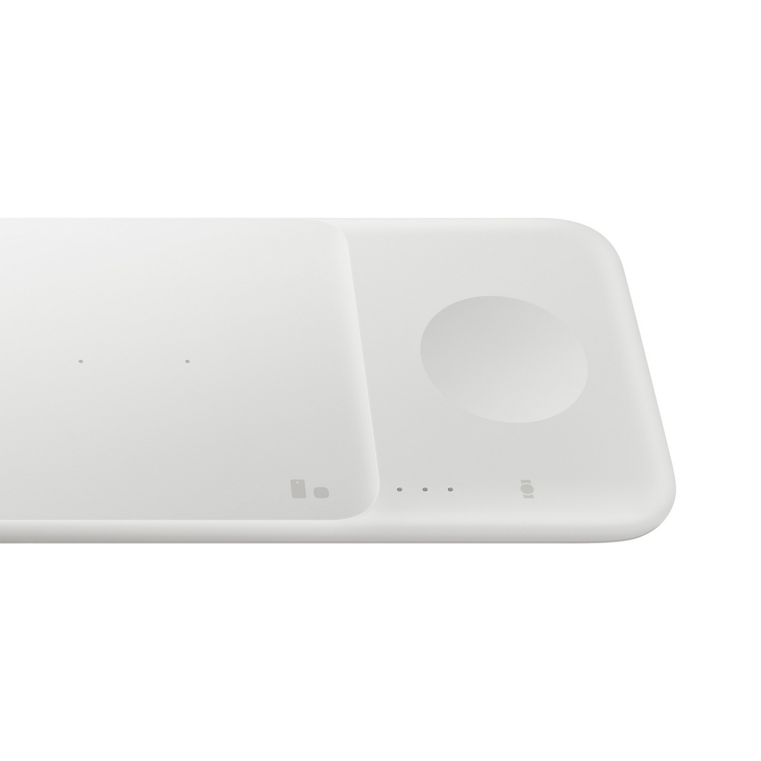 Base de carga inalámbrica blanca con tres áreas y cargador circular para reloj.
