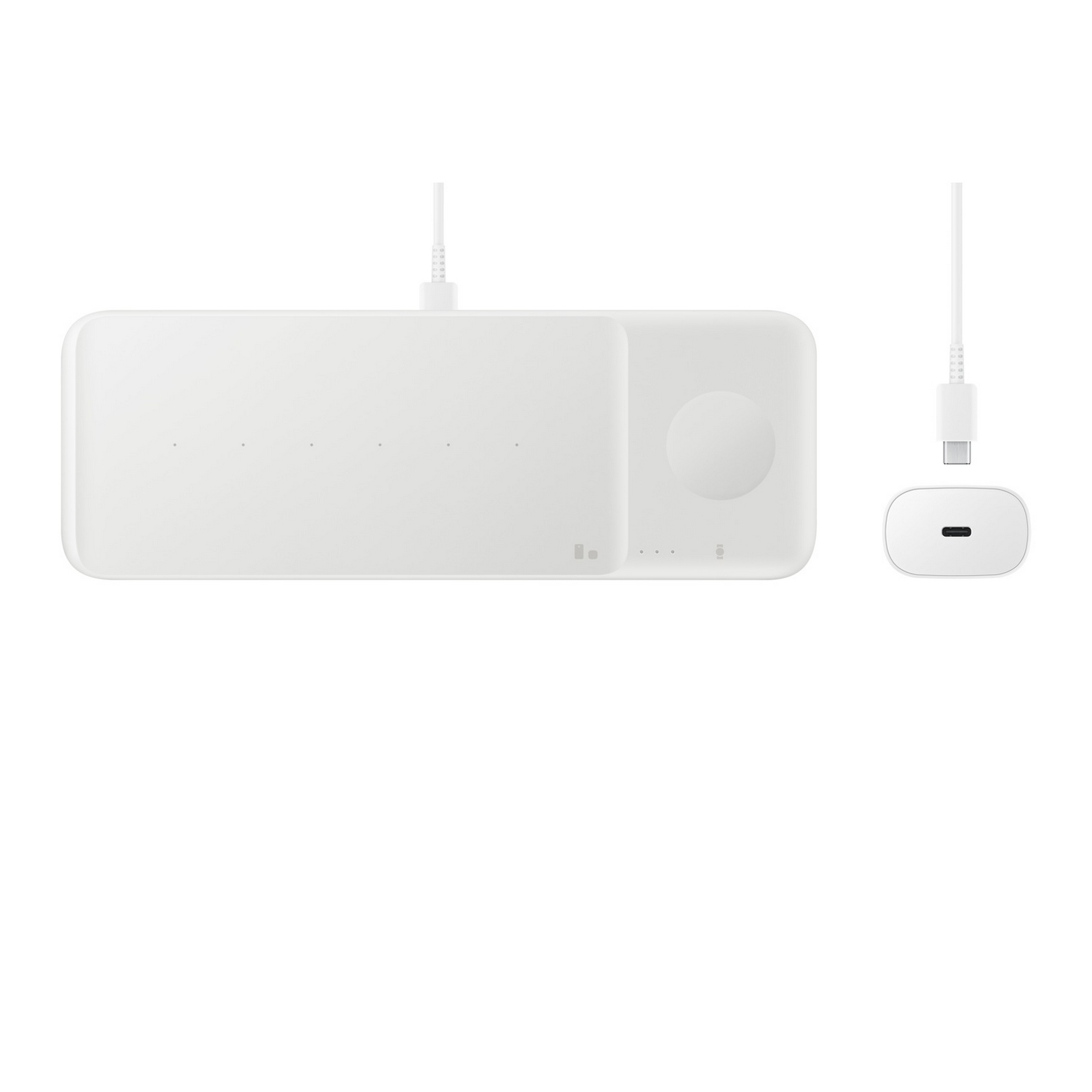 Estación de carga inalámbrica blanca para teléfono y reloj, con almohadilla de carga separada, fondo blanco.