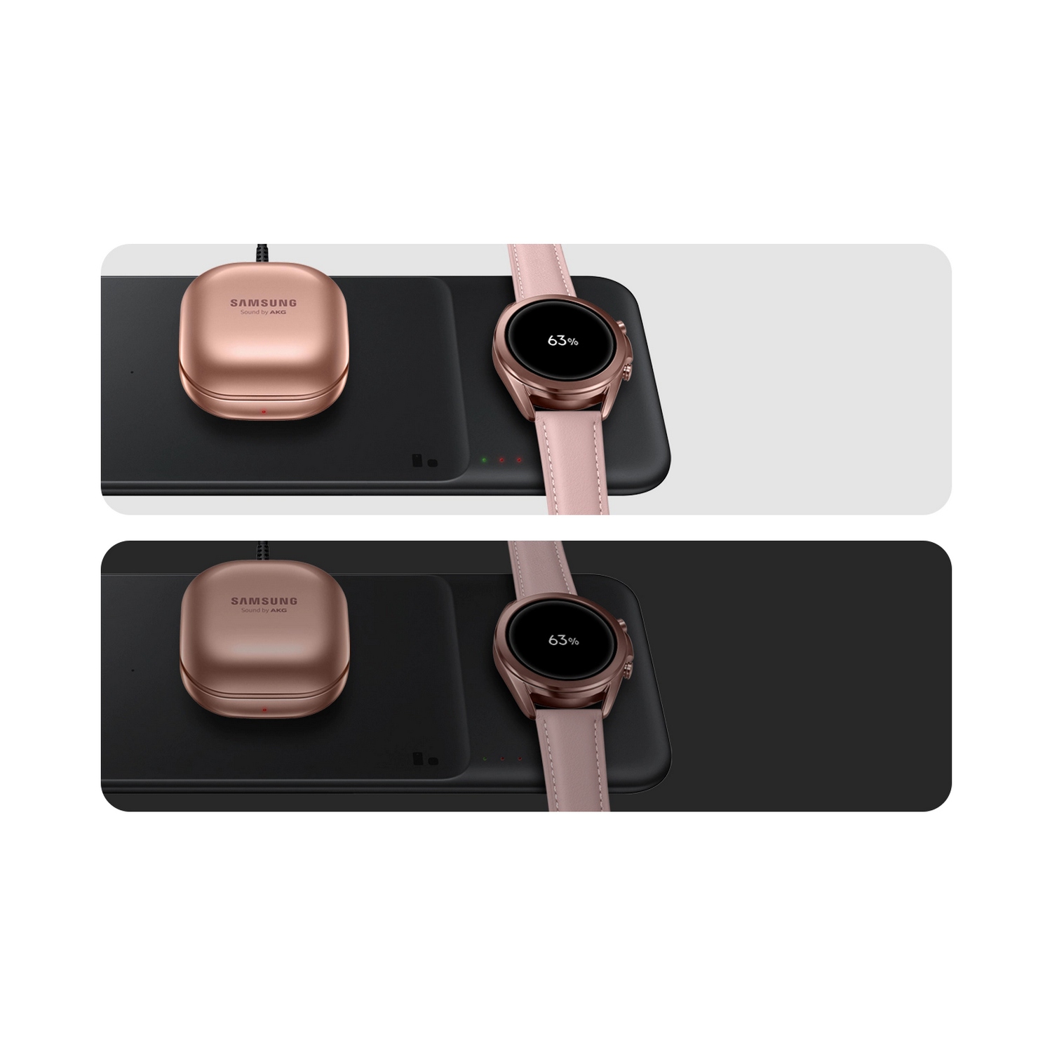 Cargador inalámbrico con reloj oro rosa. El reloj se carga, muestra el porcentaje.