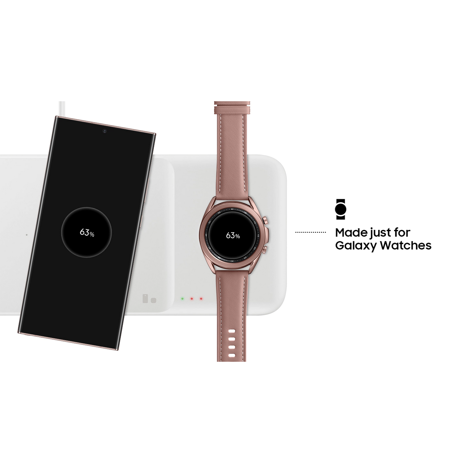 Teléfono cargando inalámbricamente, reloj en cargador, texto: Solo para Galaxy Watches.
