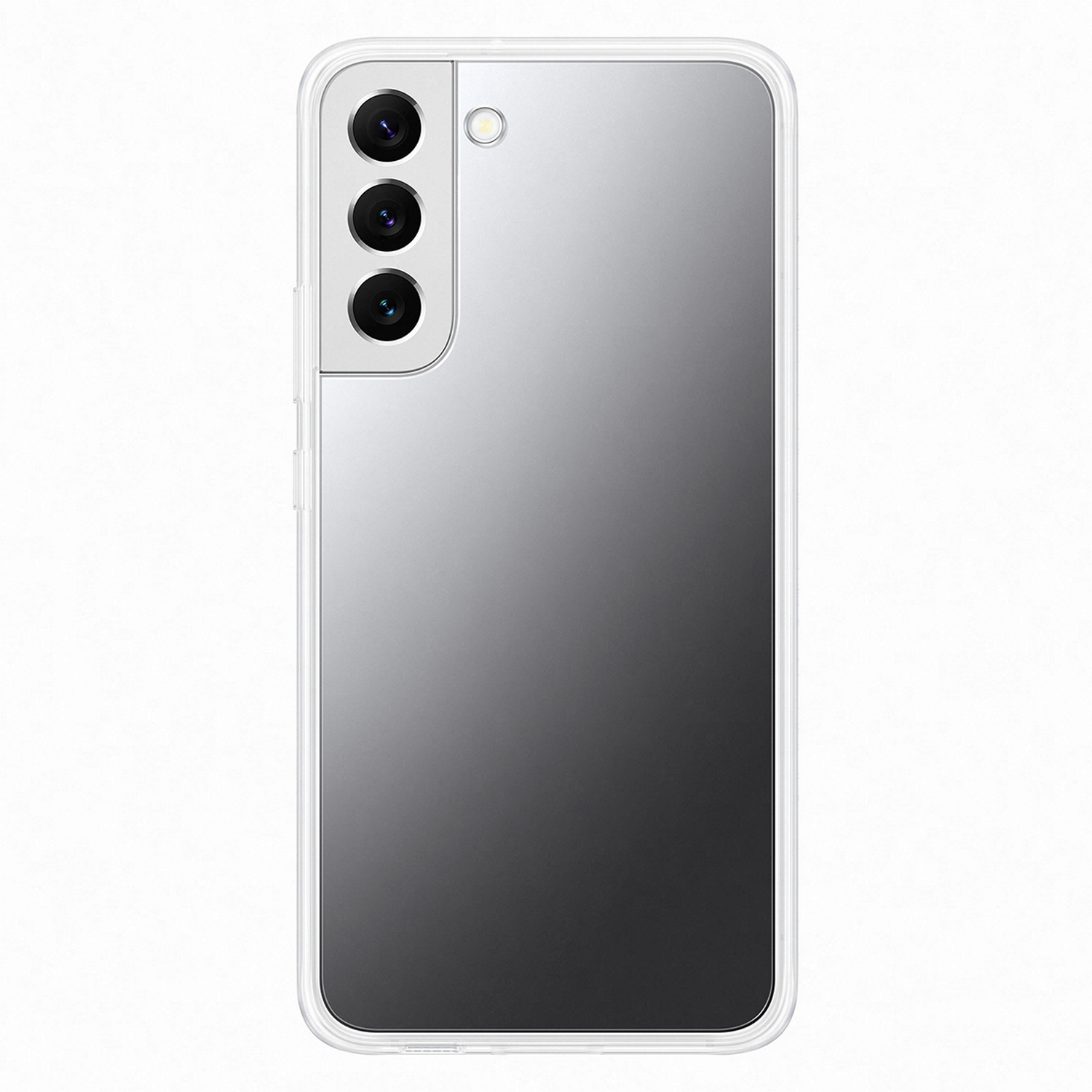 Un teléfono con tres cámaras en una funda transparente. Está sobre un fondo blanco.