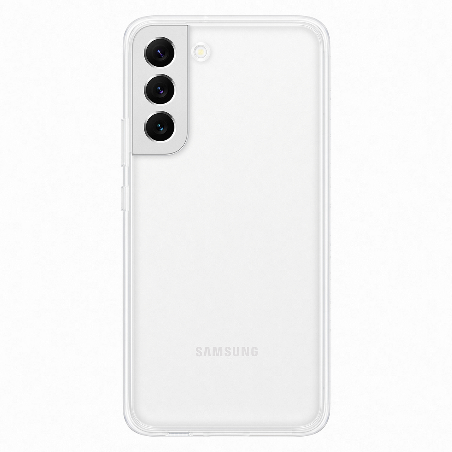 Funda transparente con cámara triple sobre fondo blanco. Tiene el logo de Samsung.