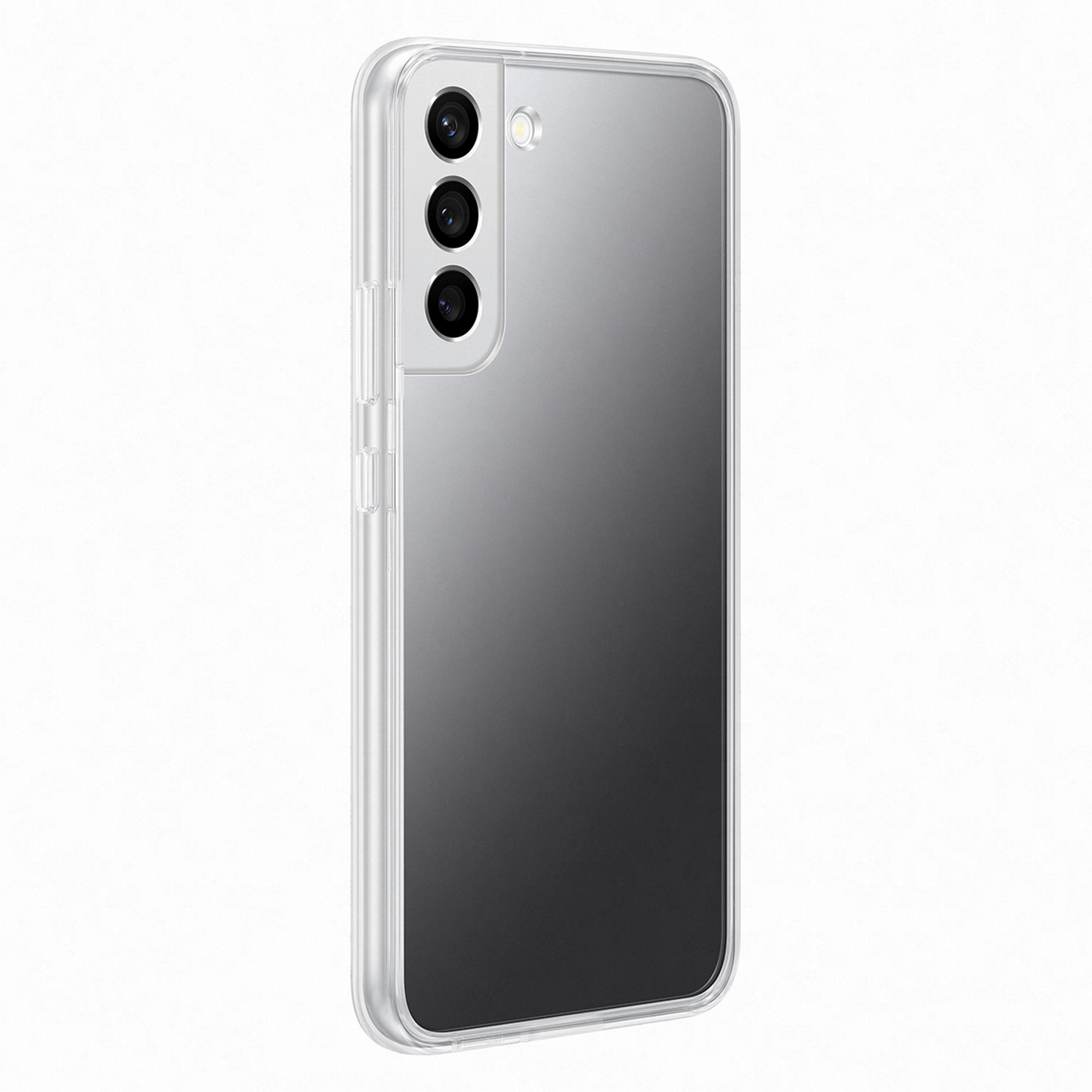 Un teléfono blanco con tres cámaras y una funda transparente, sobre fondo blanco.