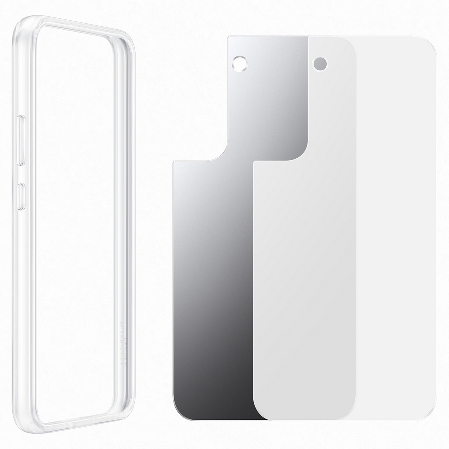 Funda transparente y protectores de pantalla. Funda transparente a la izquierda, protectores a la derecha.