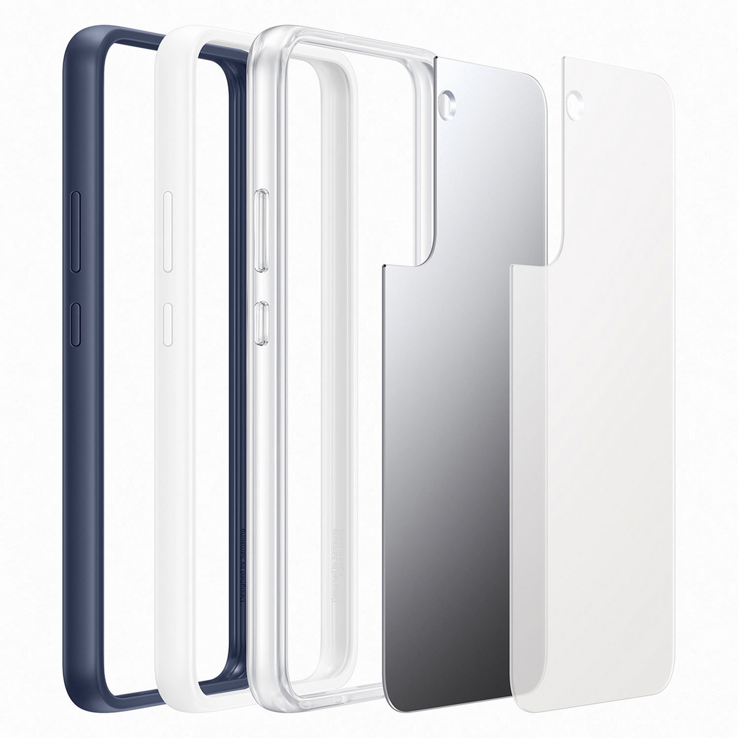 Componentes de la funda del teléfono Samsung, varios colores, dispuestos para mostrar capas, fondo blanco.