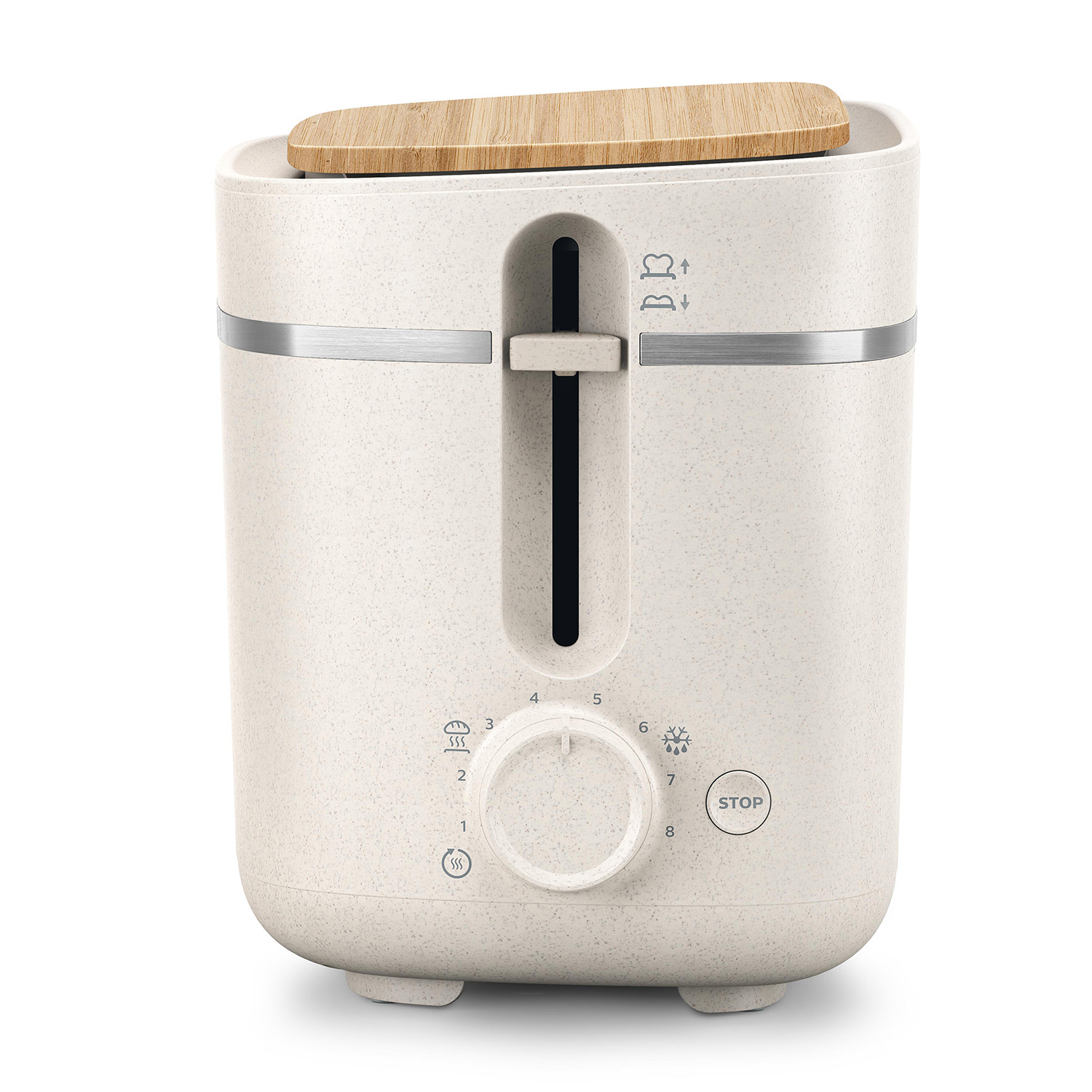 Un tostapane beige con coperchio in legno. Ha un quadrante e una leva per controllare la tostatura.