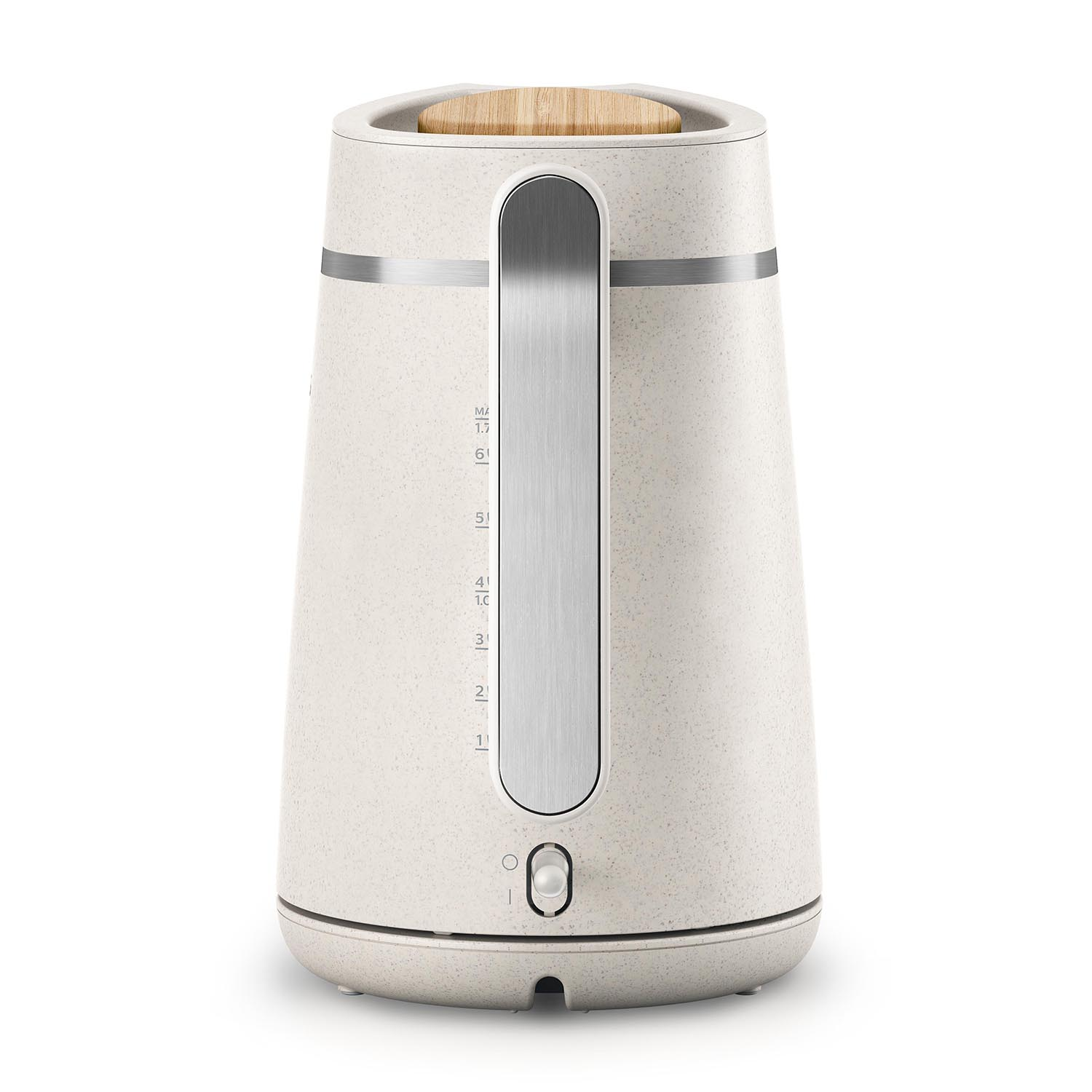 Un bollitore elettrico beige con una striscia argentata e un coperchio in legno.