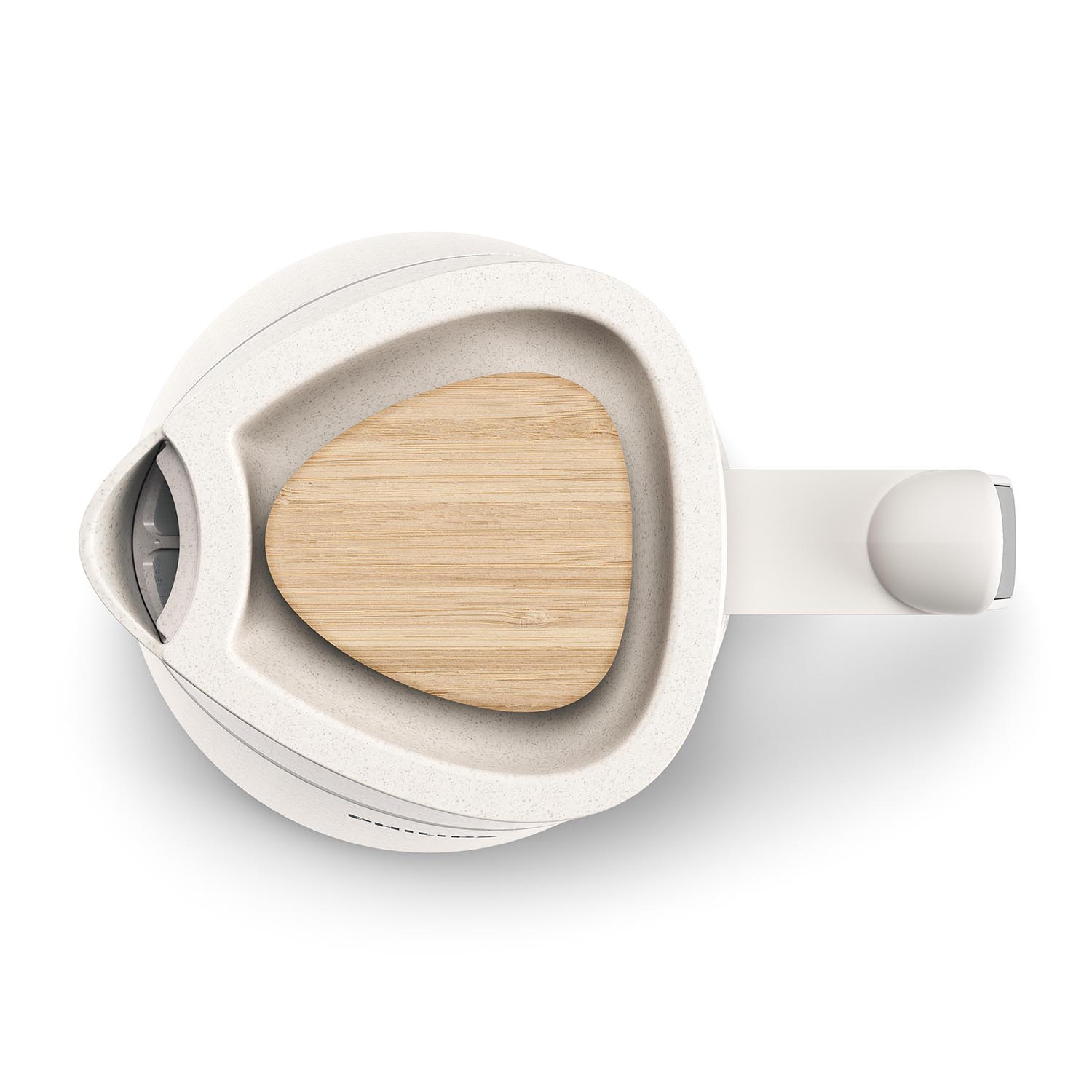Vista dall'alto di un bollitore elettrico bianco e legno, con manico, su sfondo bianco.
