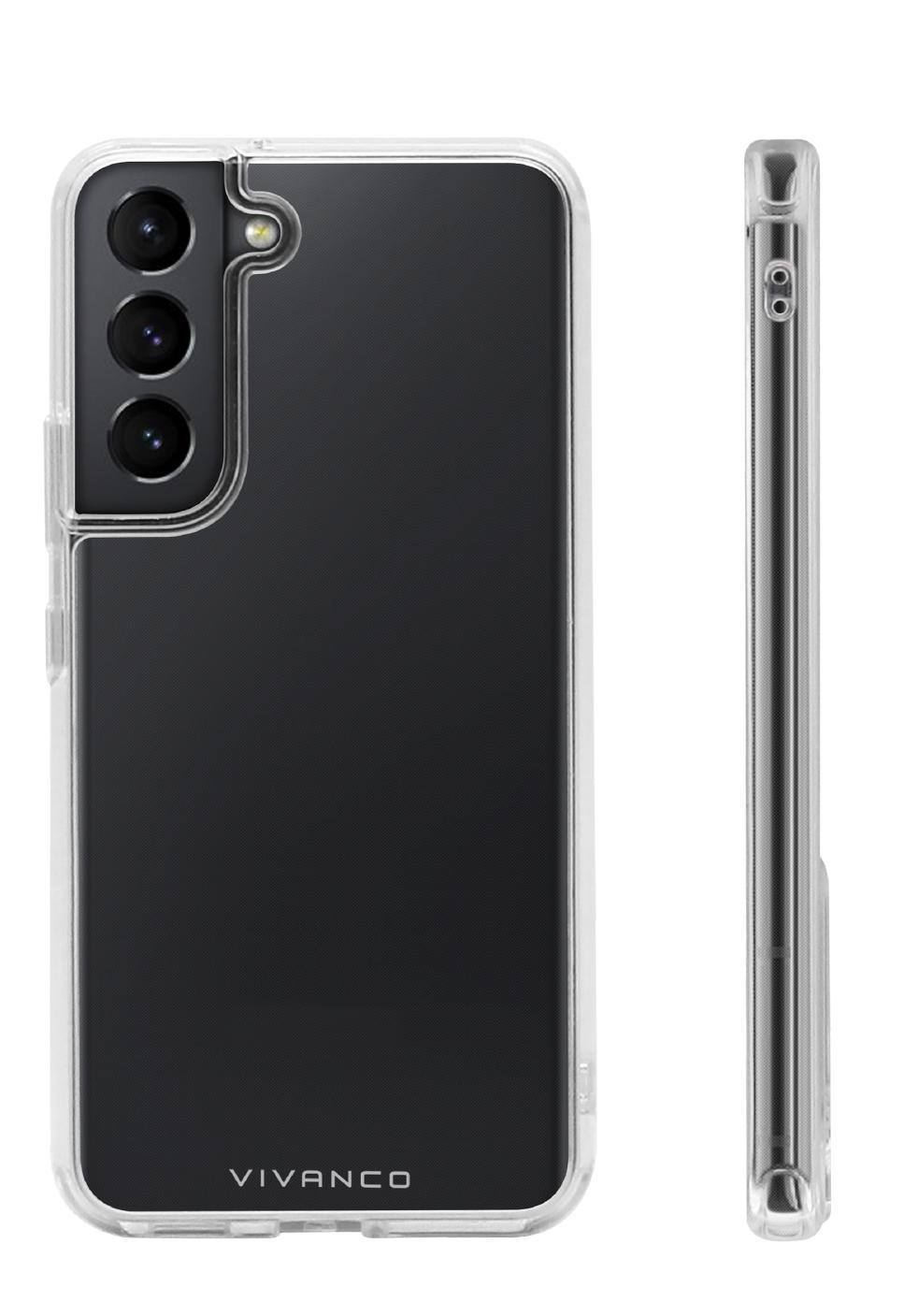 Transparente Handyhülle, Vorder- und Seitenansicht. Das Telefon ist schwarz.