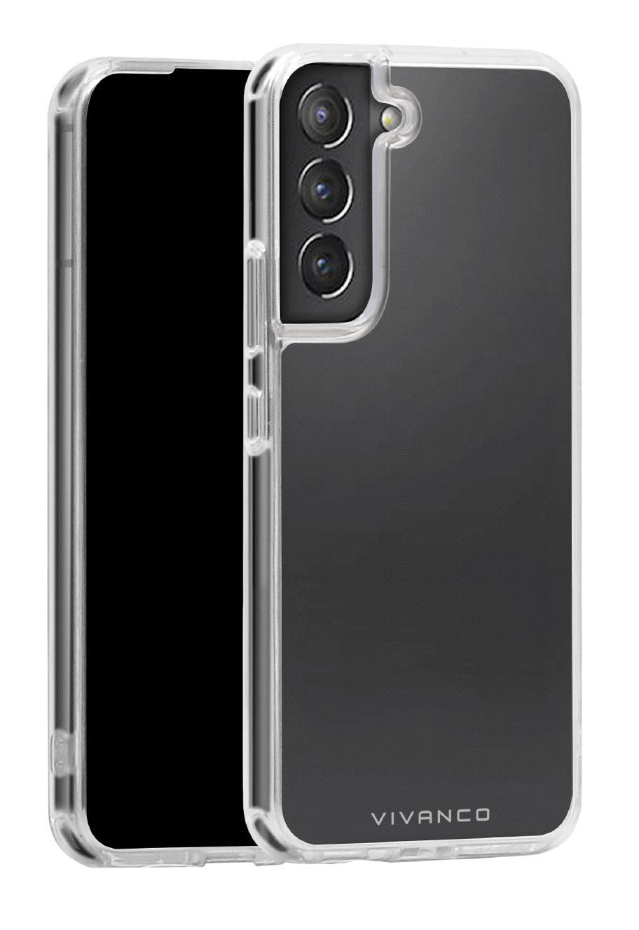 Eine transparente Handyhülle mit einem schwarzen Telefon darin. Die Hülle hat die Marke Vivanco.