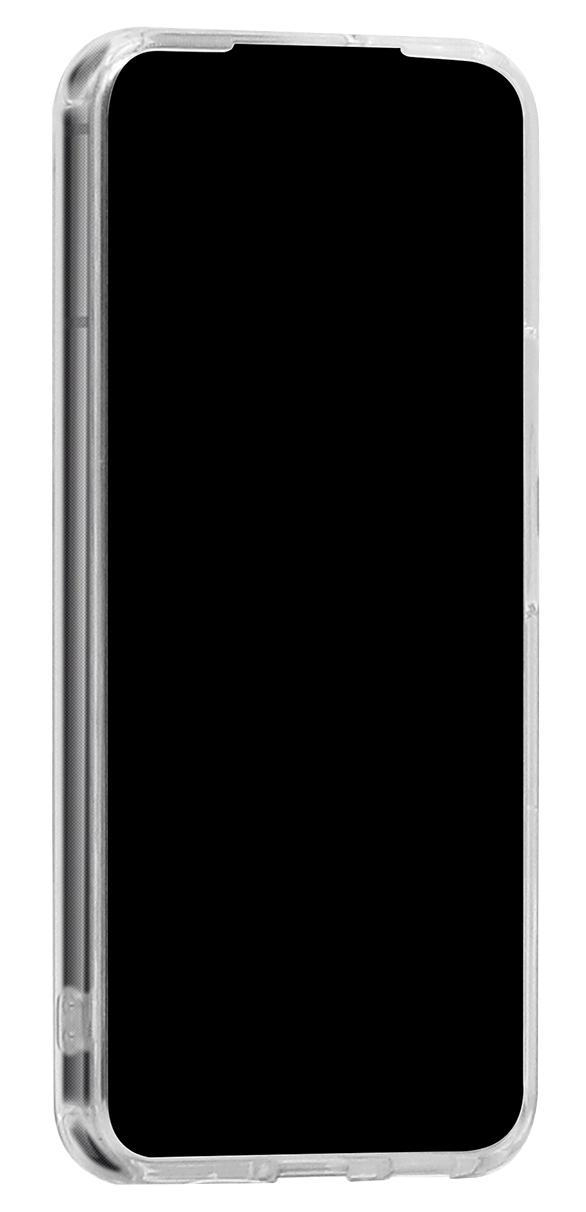 Transparente Handyhülle auf einem schwarzen Telefon, zeigt die Ränder.