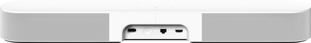 Fehér soundbar a hátoldalon lévő portokkal. A portok közé tartozik a tápellátás, az Ethernet és az USB-C.