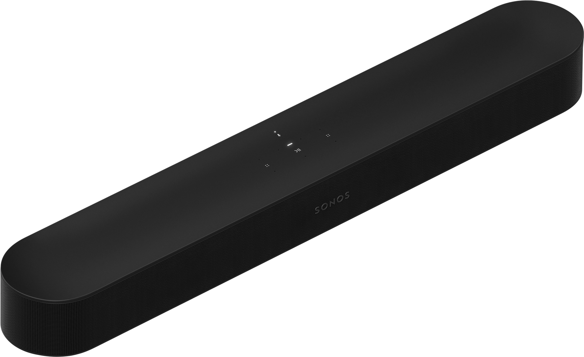 Egy fekete Sonos soundbar egyszerű dizájnnal. Fekete háttéren.