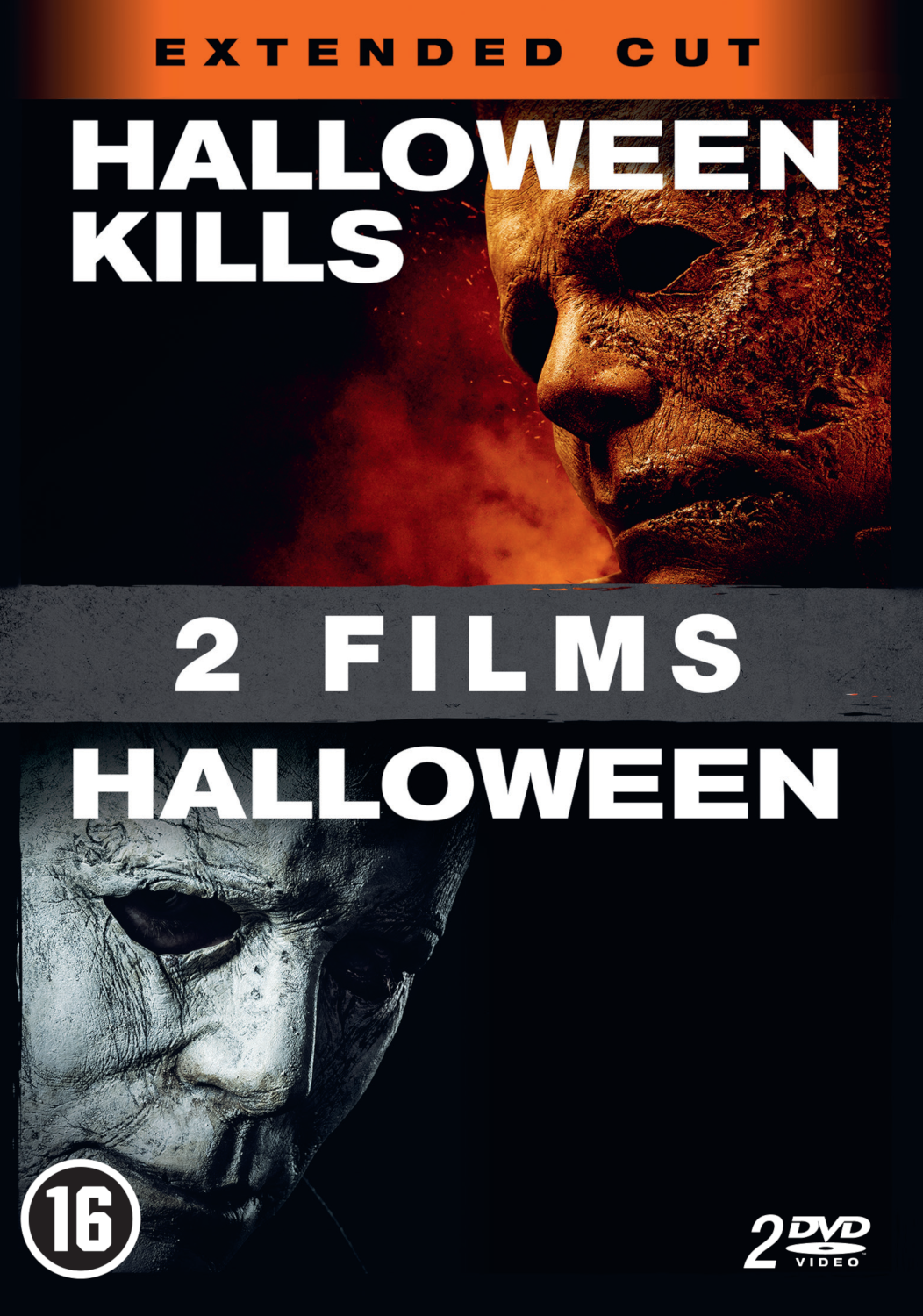 Halloween Kills & Halloween film DVD-hoes. Toont Michael Myers' masker en een vurige achtergrond.