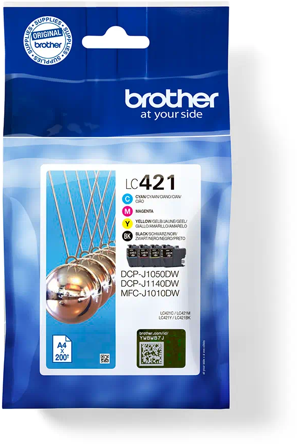 Brother LC421 Tintenpatronenpackung. Der Text auf der Packung zeigt die Farben und kompatiblen Drucker an.