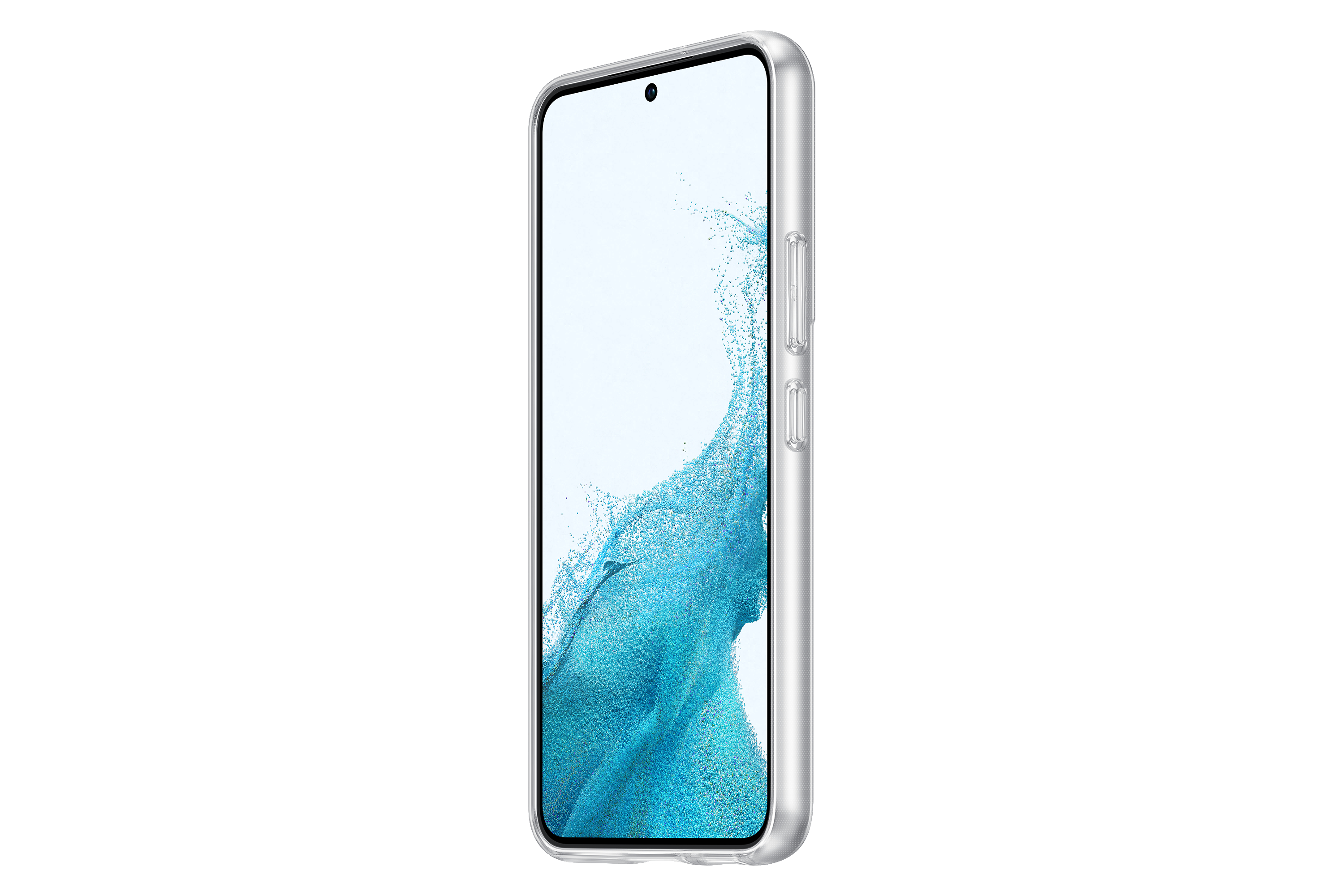 Telefon in einer transparenten Hülle, Seitenansicht.