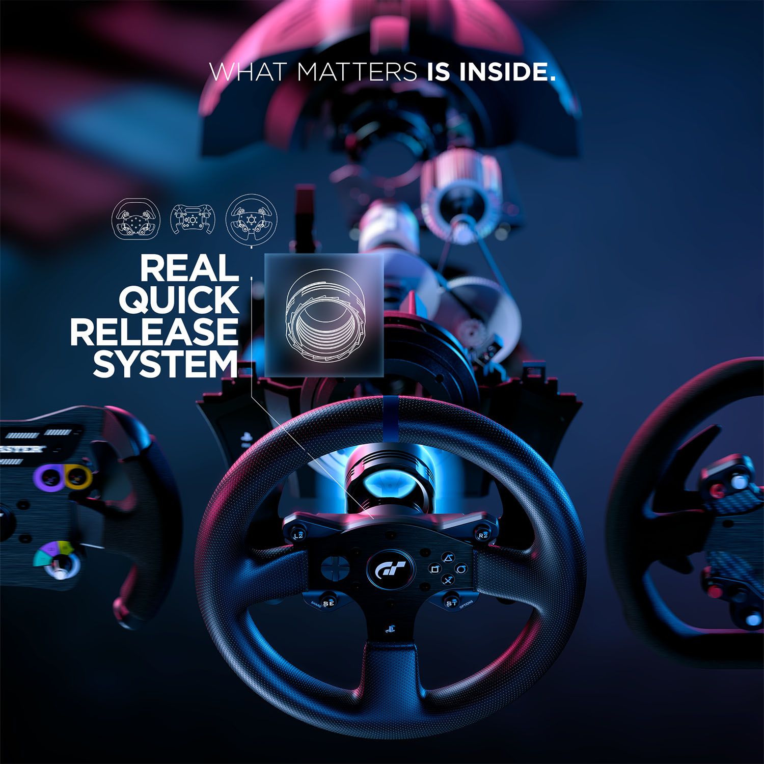 Un volante da corsa con pulsanti e un display, e il testo “Real Quick Release System”.