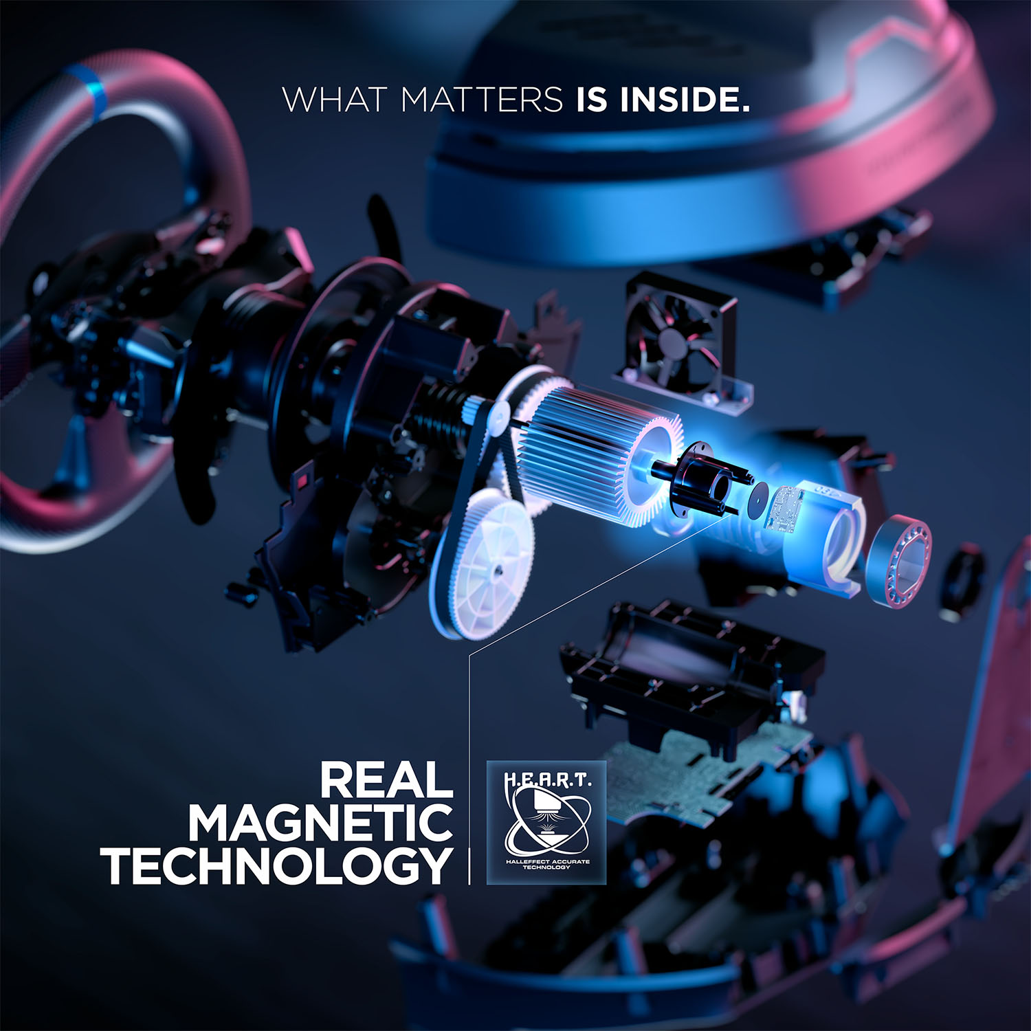 Componenti del volante con testo "Real Magnetic Technology".
