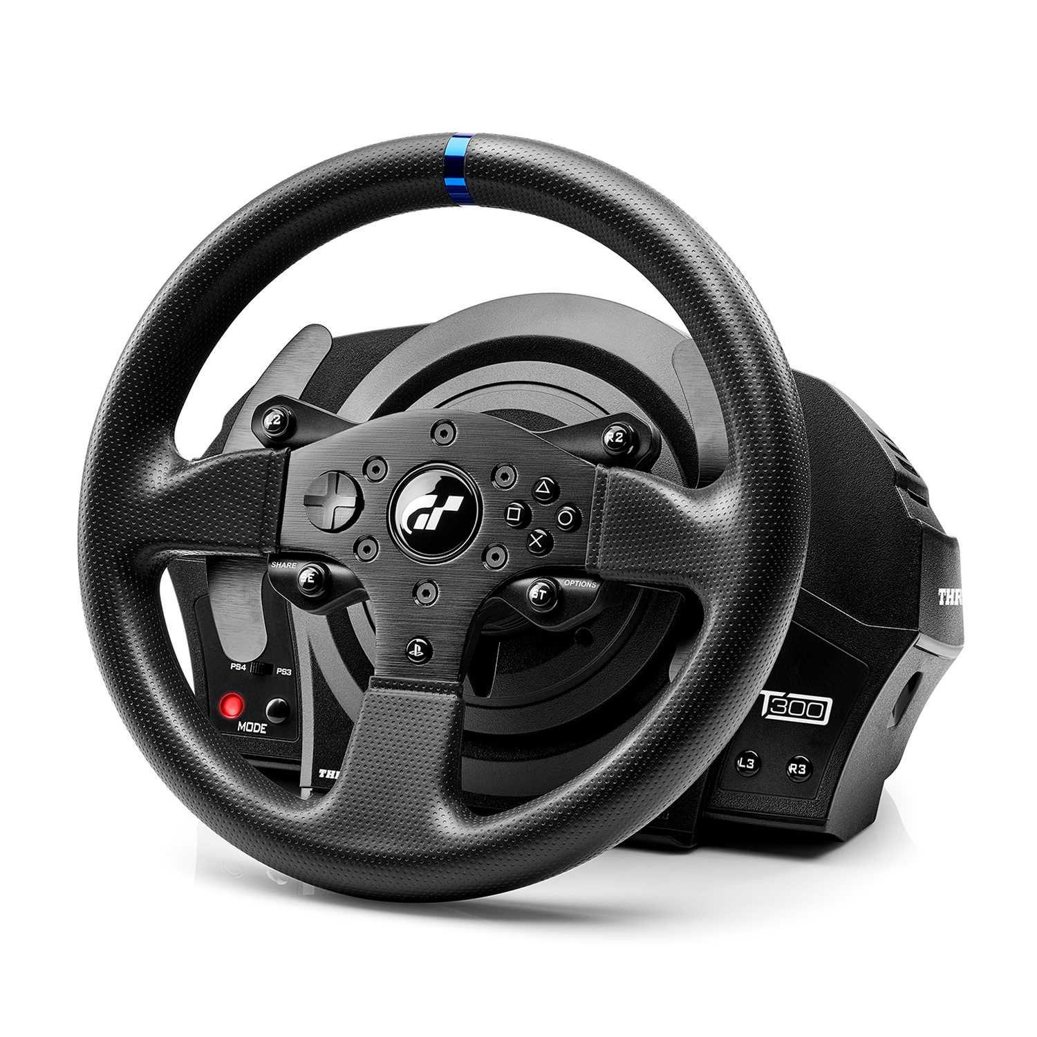 Un volante da corsa nero con pulsanti e una base, isolato su bianco.