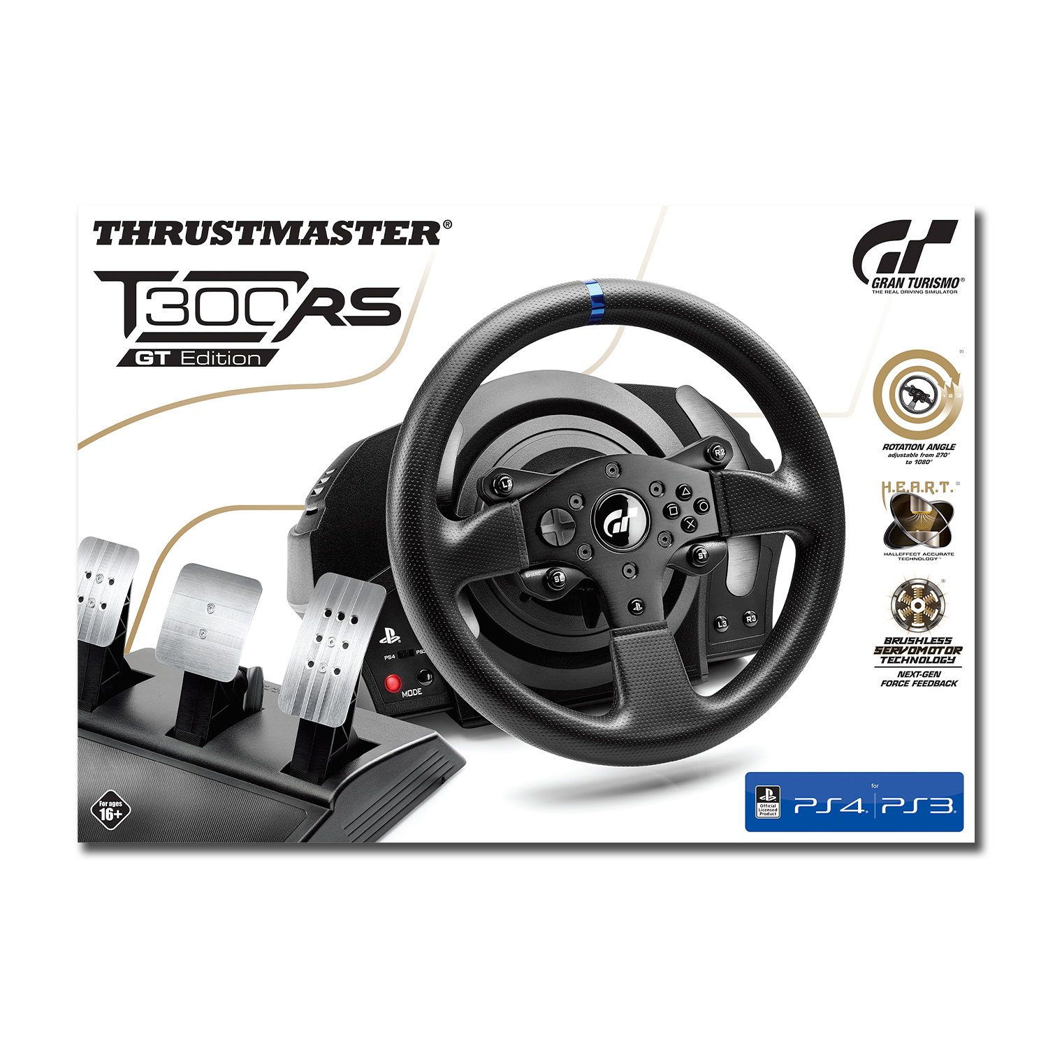 Volante da corsa Thrustmaster T300RS GT su sfondo bianco.