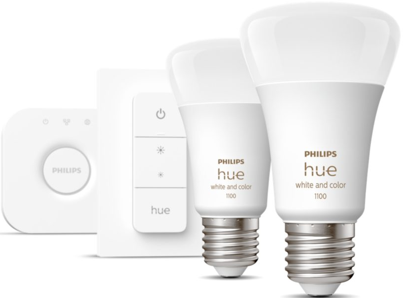 Lumières et panneau de contrôle Philips Hue blancs. Le fond est blanc.