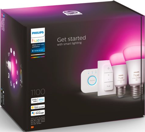 Une boîte d'éclairage intelligent Philips Hue avec des lumières et un pont, avec des lumières roses et blanches.