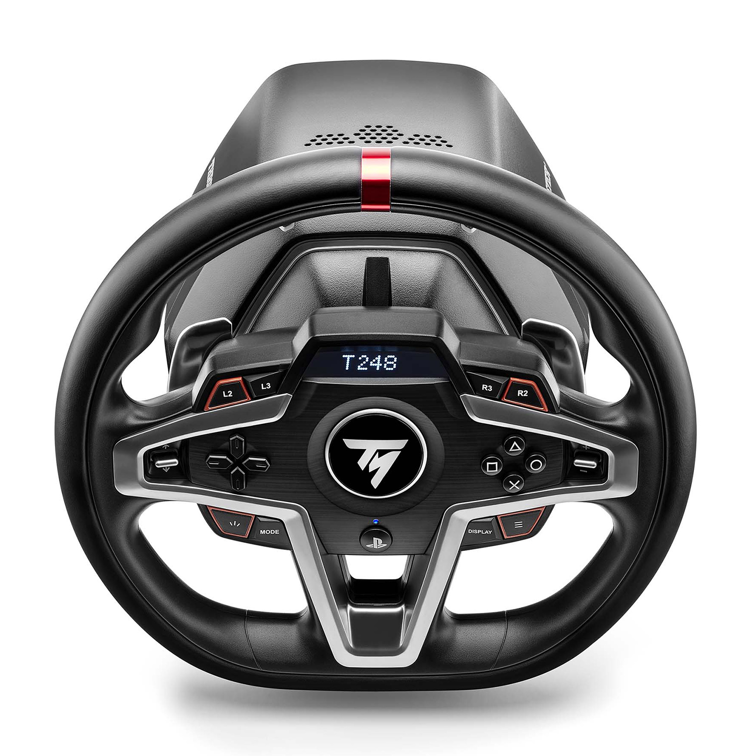 Un volante da corsa nero e argento con vari pulsanti e un display.