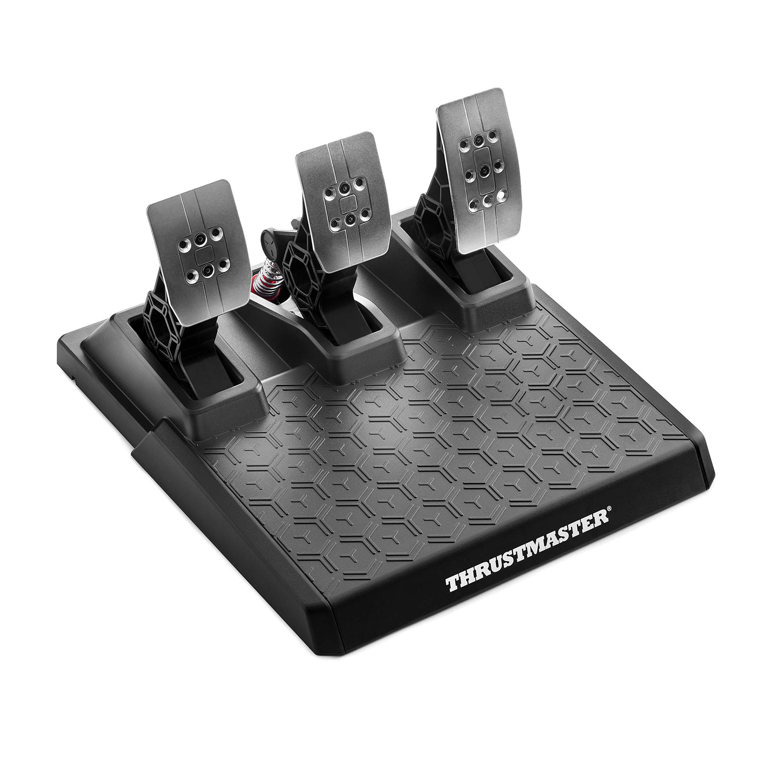 Pedali da corsa su base nera con logo Thrustmaster.