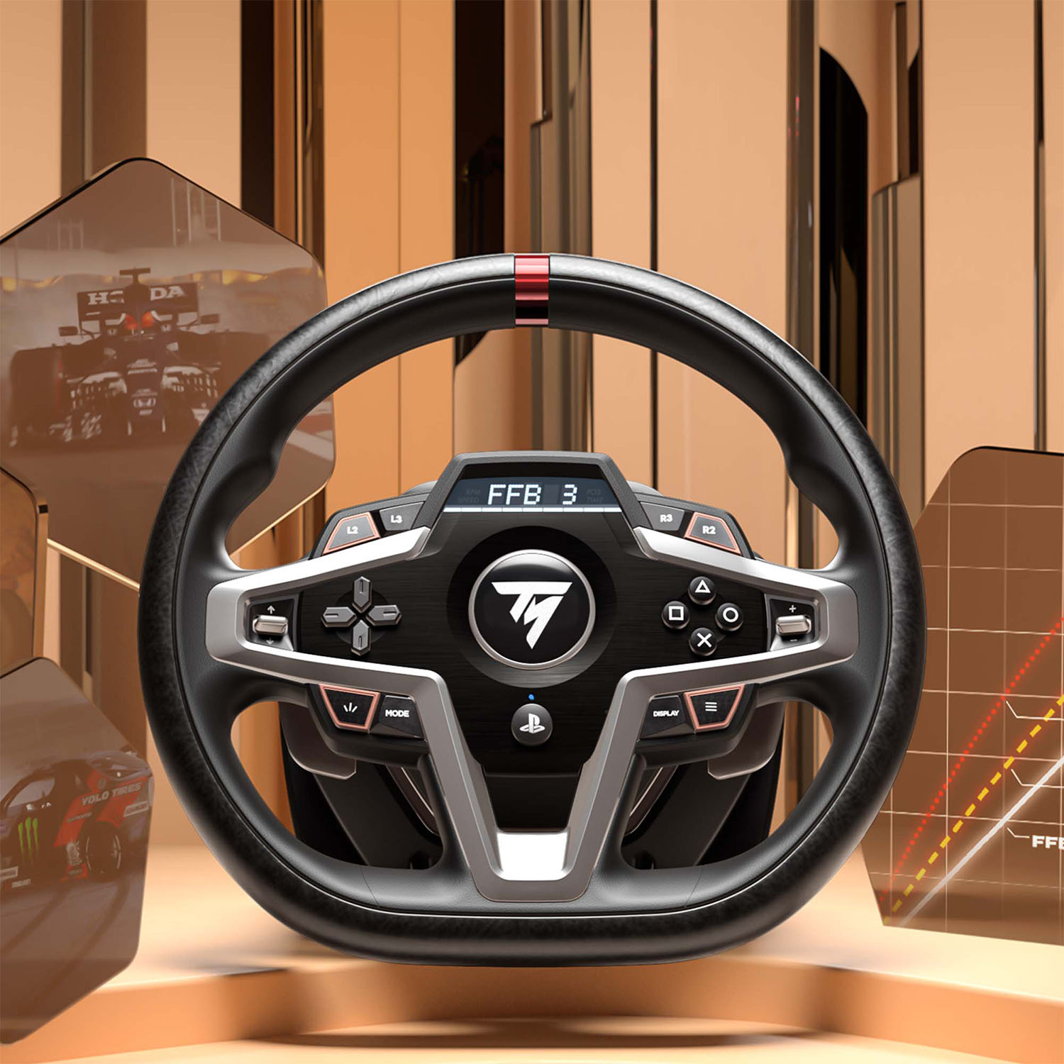 Un volante da corsa nero e argento con pulsanti e un display, sfondo dorato.