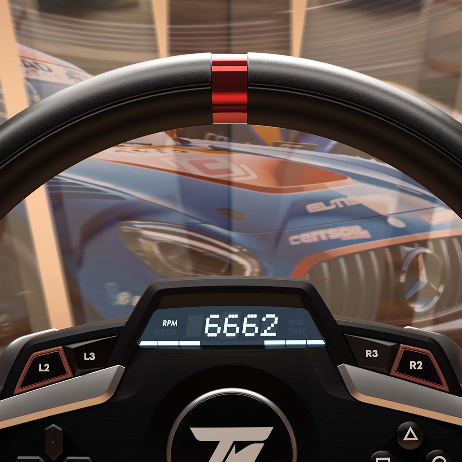 Un volante da corsa con display digitale, che mostra velocità e altri dati.