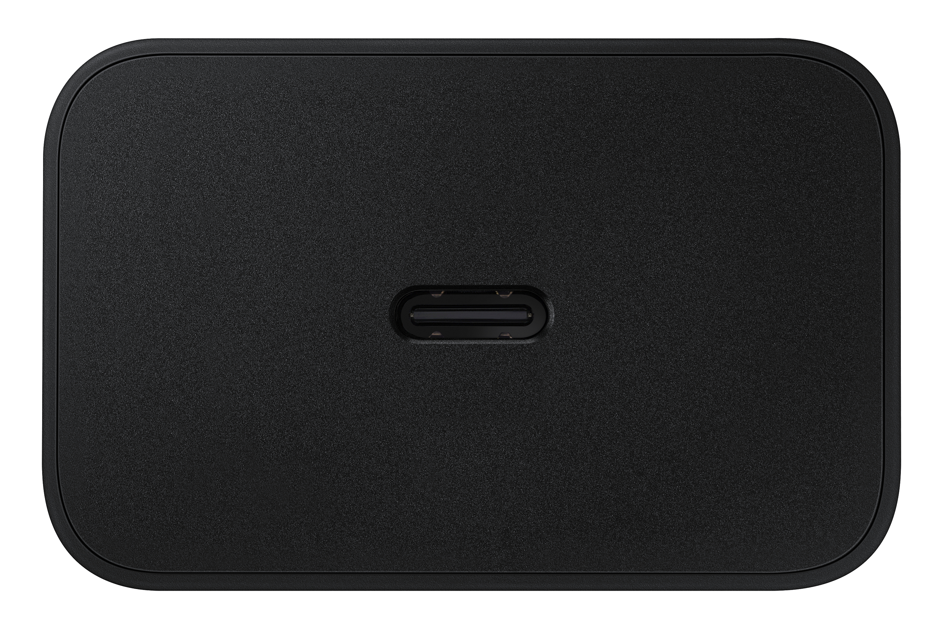 Ein schwarzes Ladegerät mit einem USB-C-Anschluss auf weißem Hintergrund.