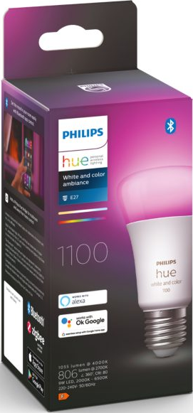 Una scatola di lampadina intelligente Philips Hue. La scatola è bianca e viola, con una lampadina bianca.