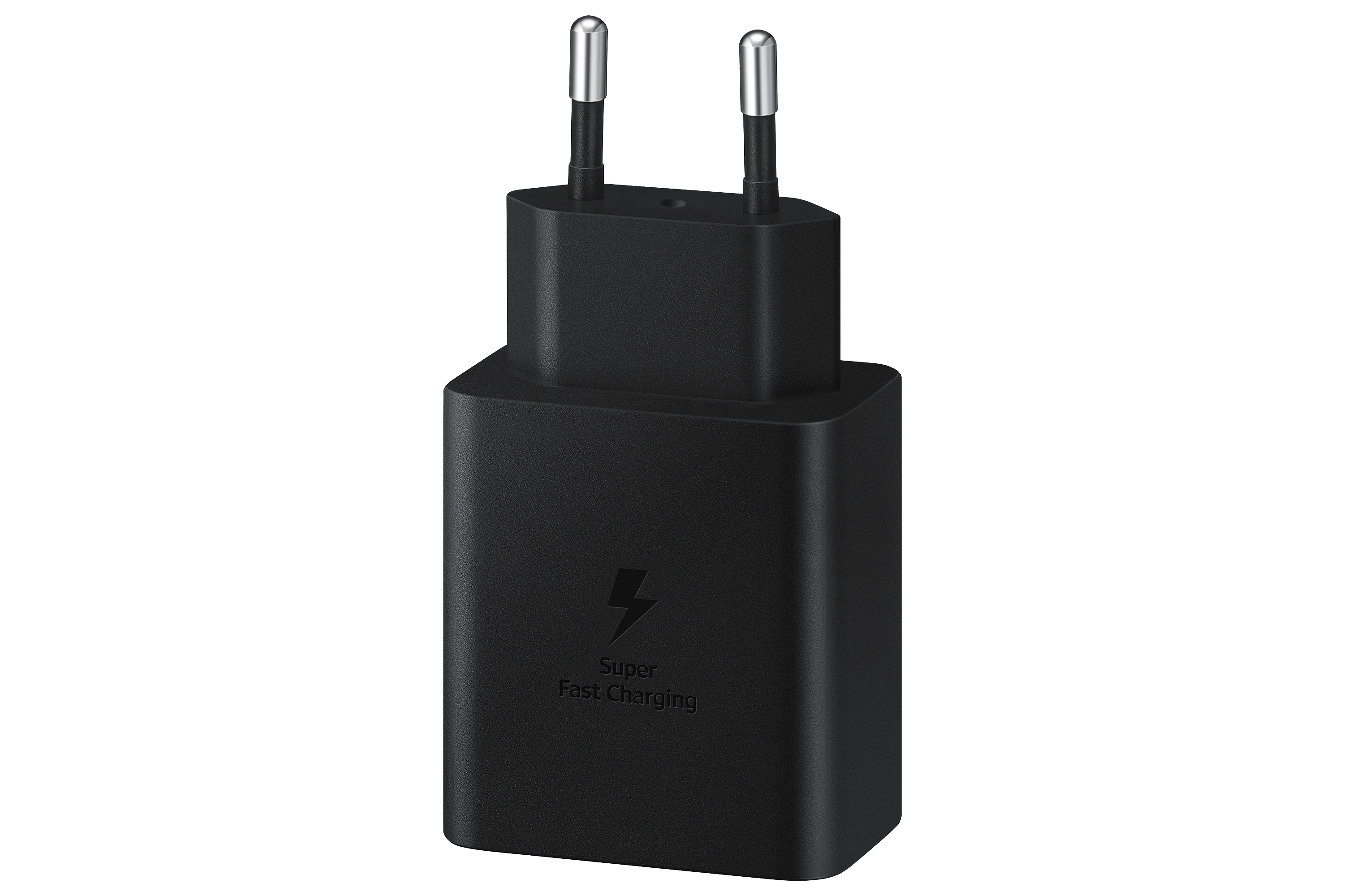 Schwarzer Samsung Super Fast Charging Adapter mit zwei Stiften und dem Super Fast Charging Logo.