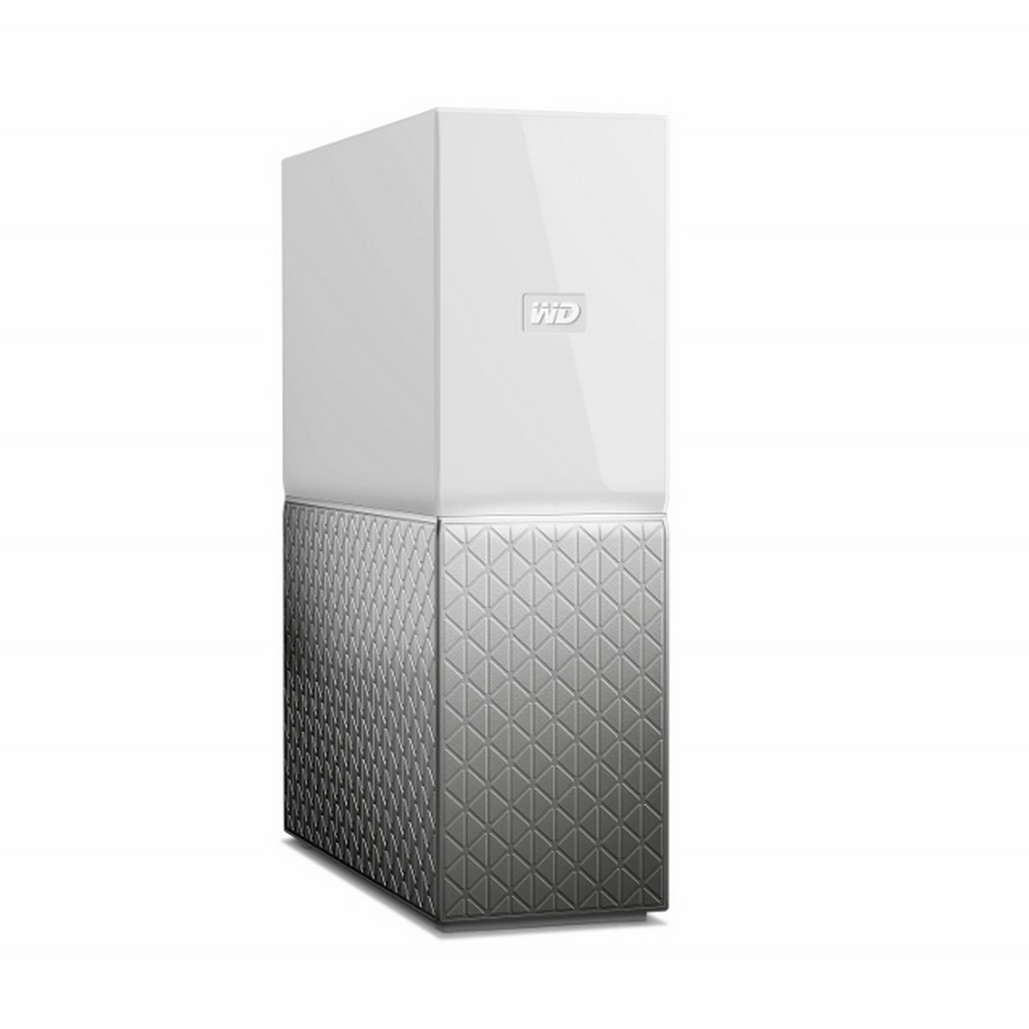 Disco duro externo blanco y gris. La parte superior es blanca, la inferior gris y texturizada.