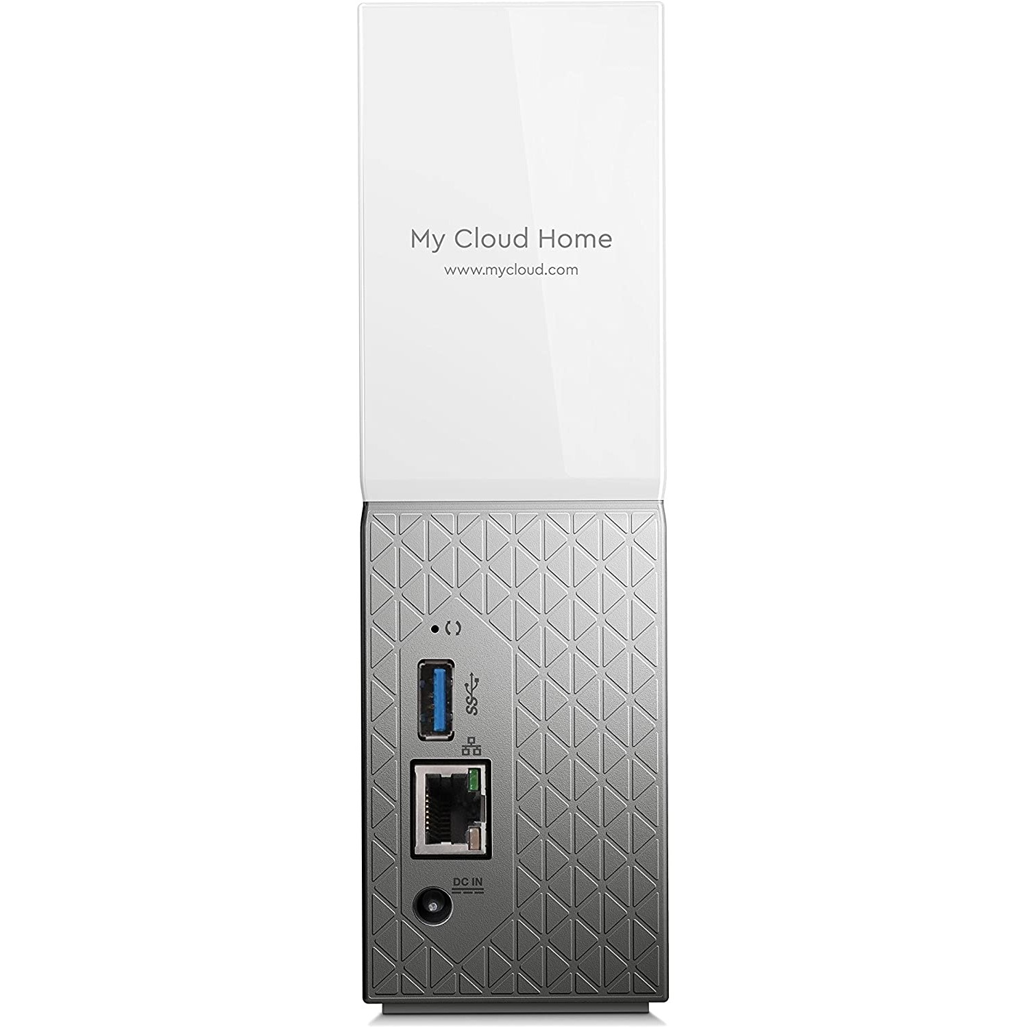 Un dispositivo blanco y plateado con puertos, las palabras 'My Cloud Home' y una dirección web.