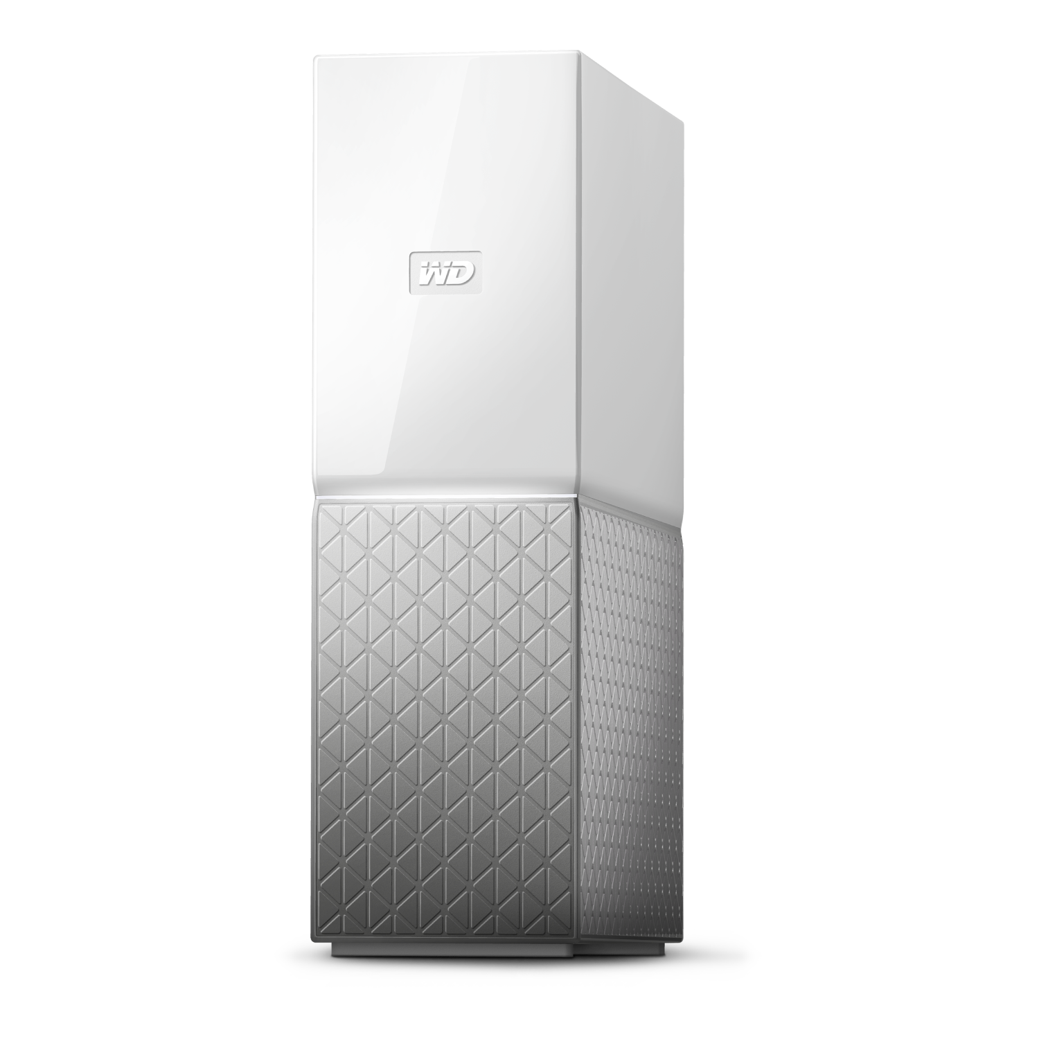 Disco duro externo blanco y plateado, con logo WD y diseño geométrico.