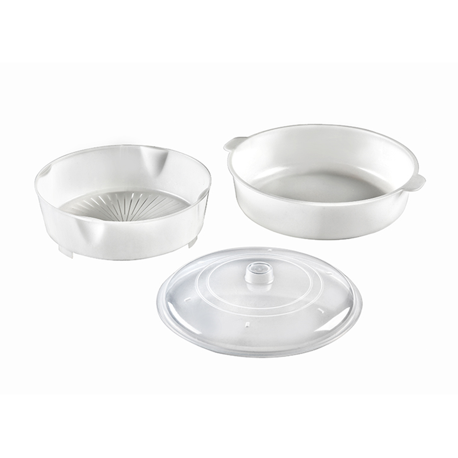 Tre contenitori per alimenti bianchi e un coperchio trasparente. Sfondo bianco.