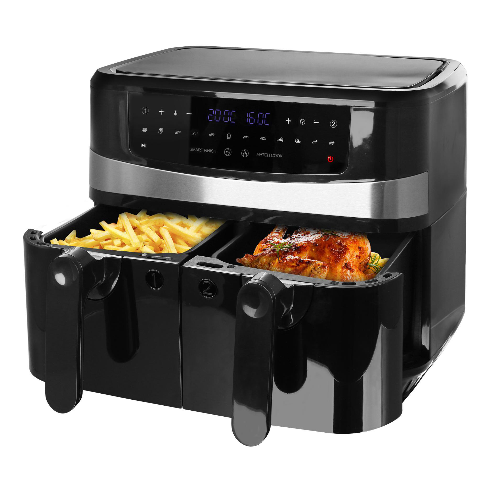 Eine schwarze Heißluftfritteuse mit zwei Fächern. Eines hat Pommes, das andere ein Hähnchen.