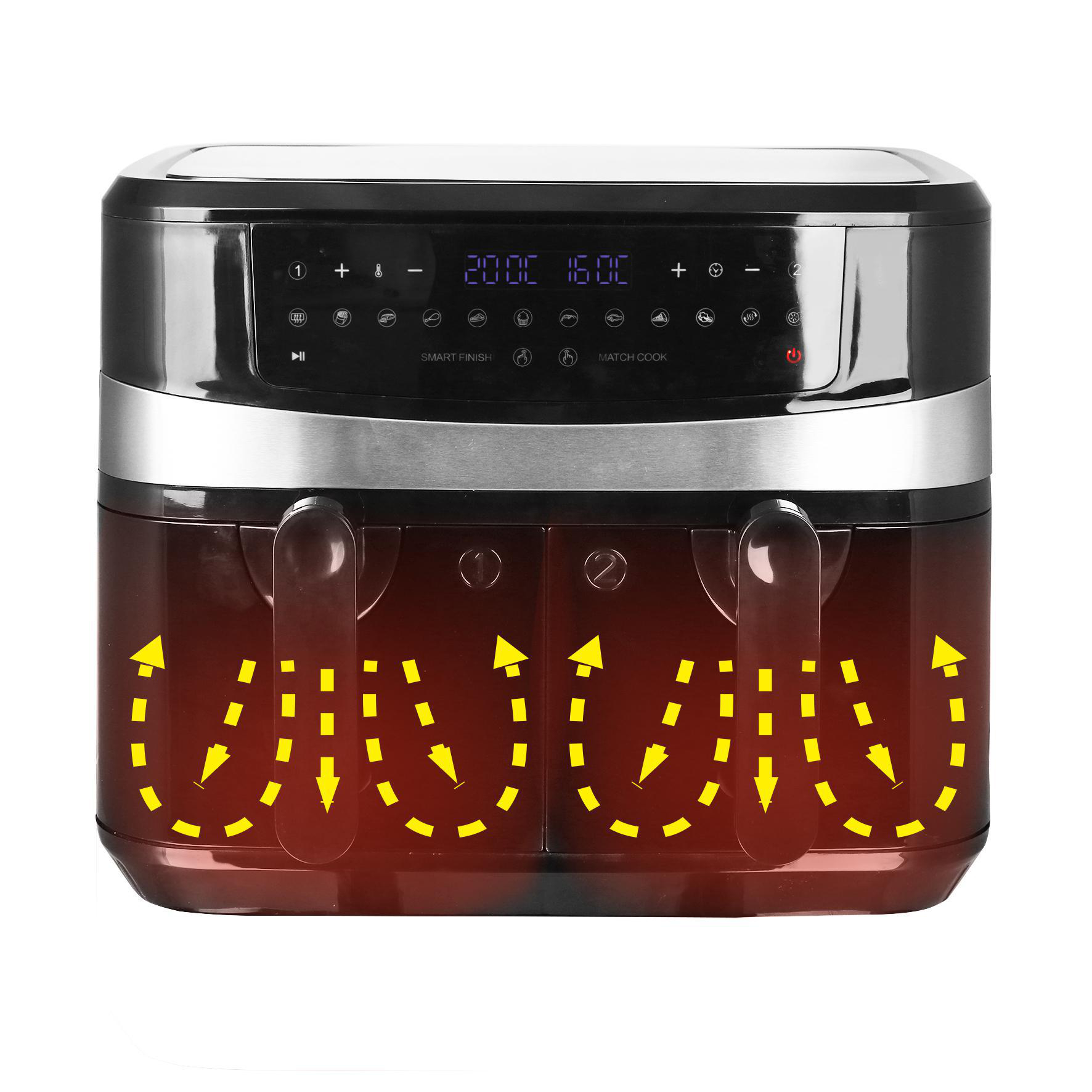 Schwarze Heißluftfritteuse mit Griffen und Digitalanzeige.