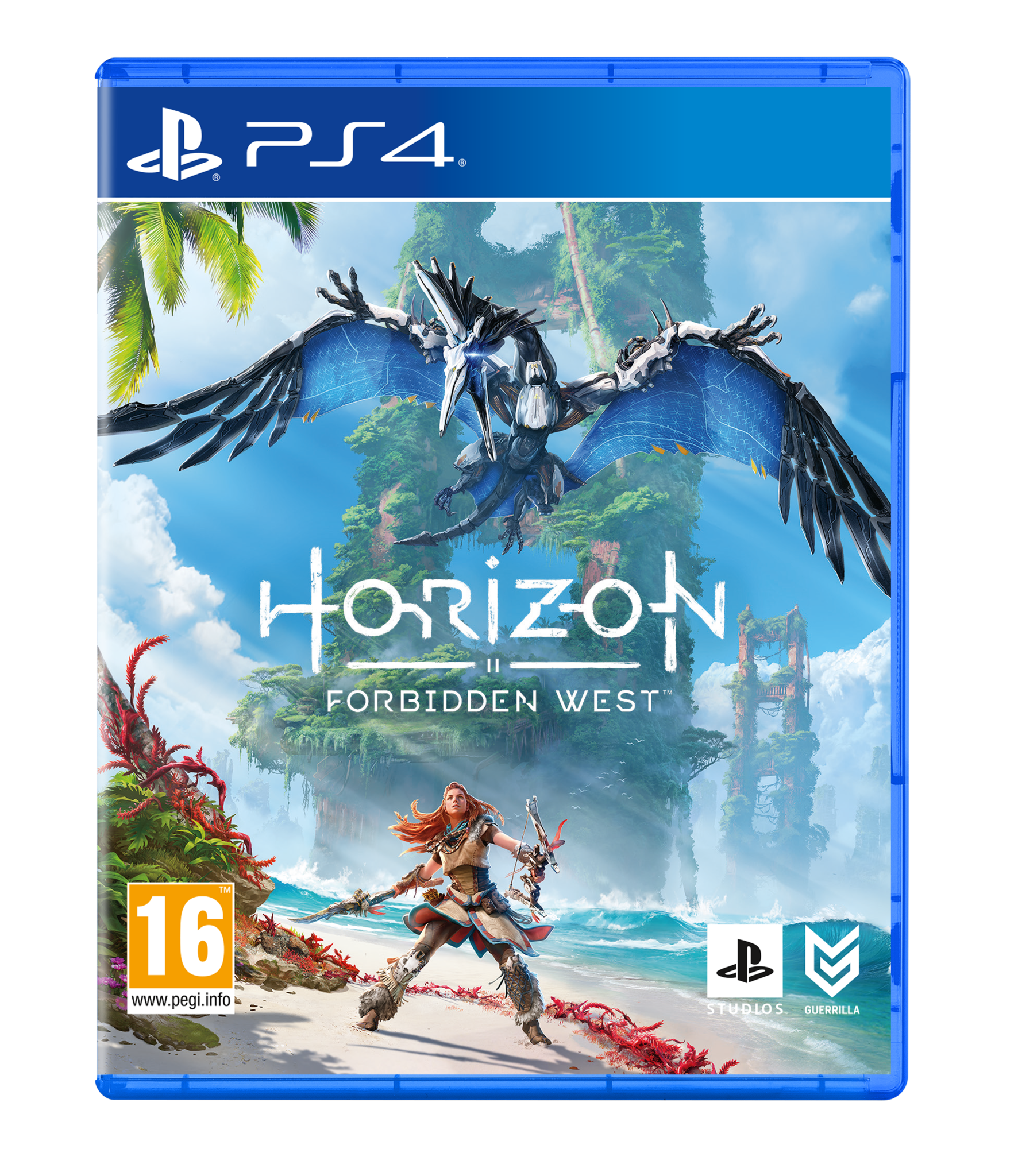 Gamecover voor Horizon Forbidden West. Toont een krijger en een vliegend wezen.