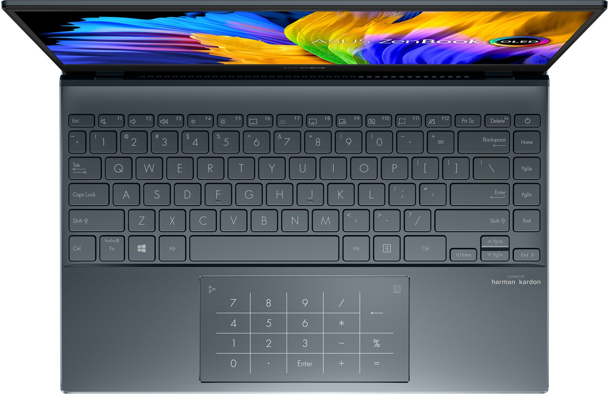 Laptoptoetsenbord, bovenaanzicht, met open scherm.