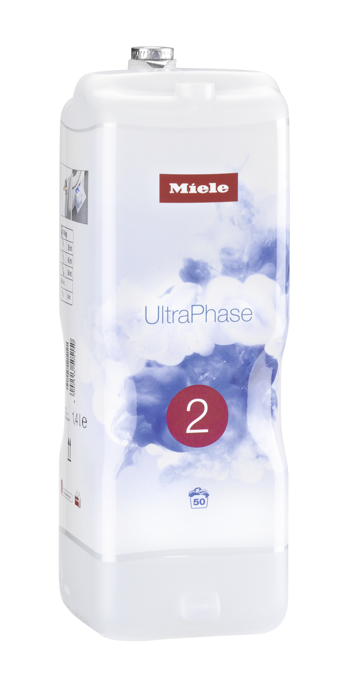 Weißer Miele UltraPhase 2 Waschmittelbehälter mit blauer Grafik.