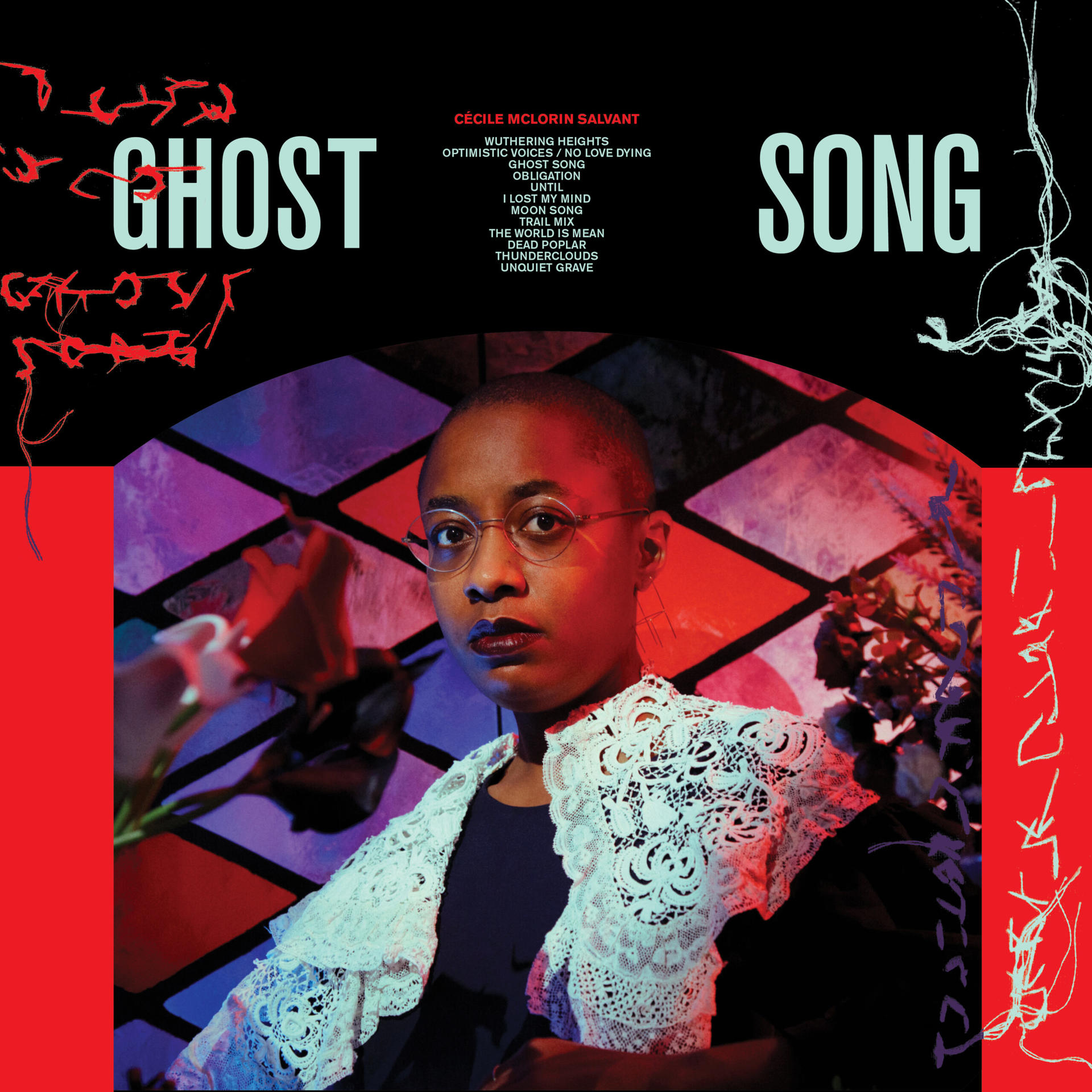 Album borító: szemüveges nő csipke gallérral. Cím: Ghost Song. Háttér: piros, fekete és ólomüveg ablak.