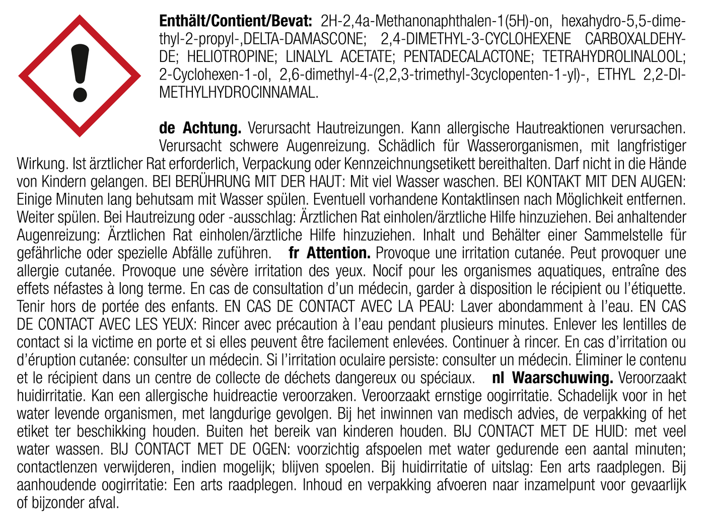 Warnhinweis mit Ausrufezeichen, der Gefahrenhinweise enthält, einschließlich möglicher Haut- und Augenreizungen.