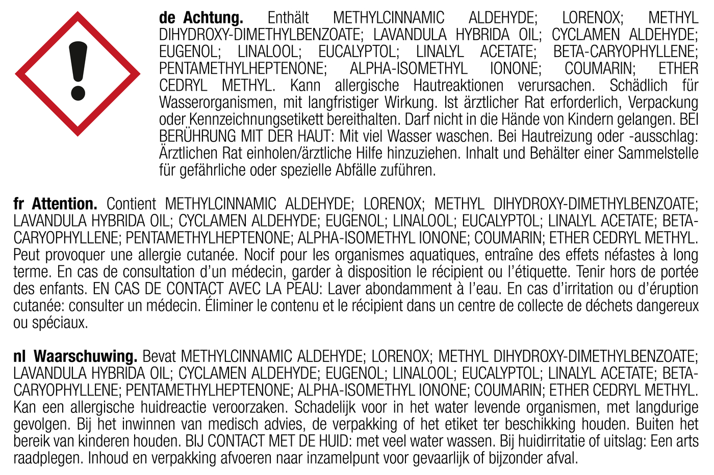 Warnschild mit Text in mehreren Sprachen über potenzielle Gefahren.