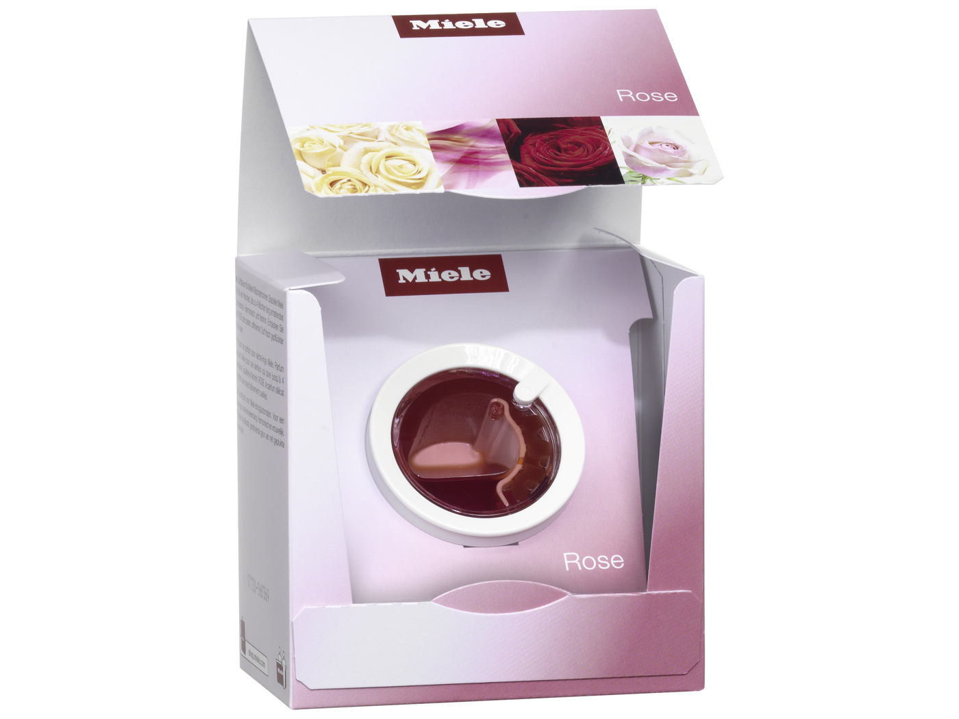 Schachtel mit Miele Rose-Duft, mit einem kleinen Behälter mit nach Rose duftendem Waschmittel.