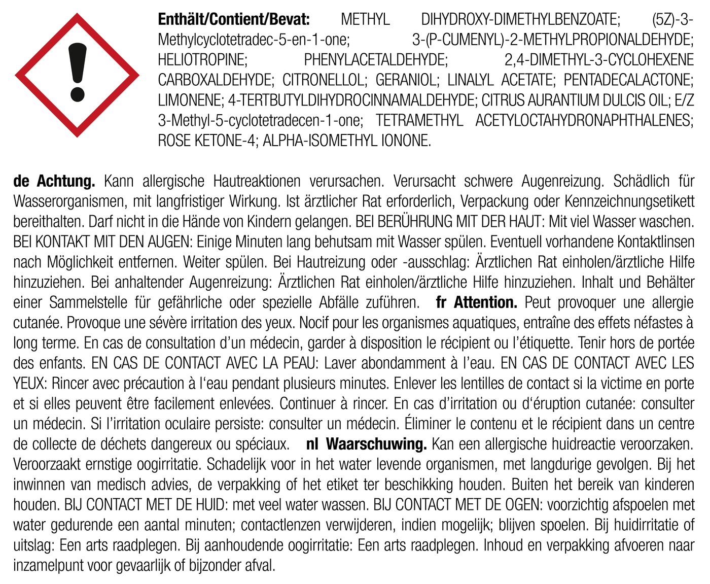 Warnsymbol mit Auflistung der chemischen Inhaltsstoffe in mehreren Sprachen. Enthält Reizstoffe und Allergene.